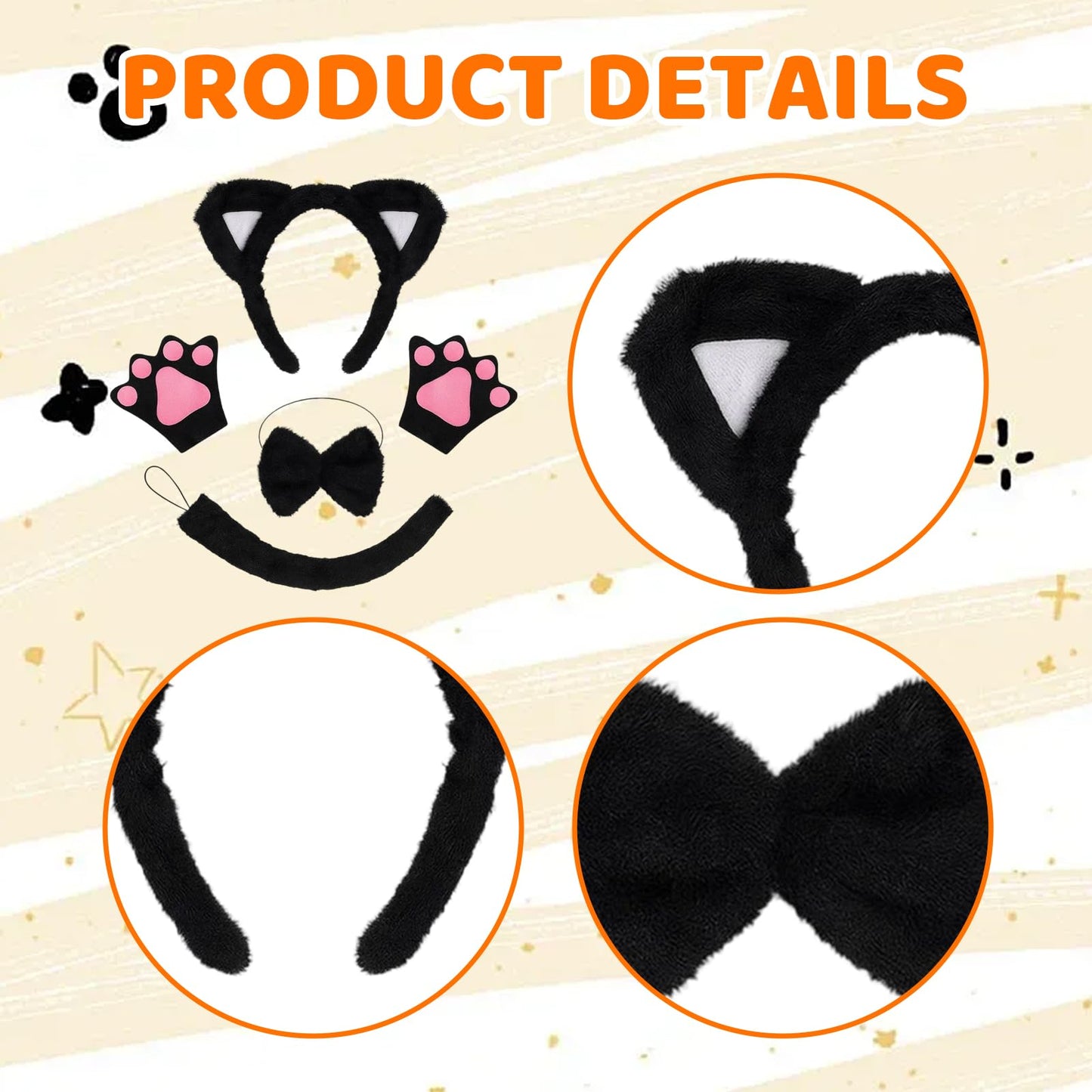 Cat Ears and Tail - Cat Costume Set with Headband - Gloves - Bow (image 3)