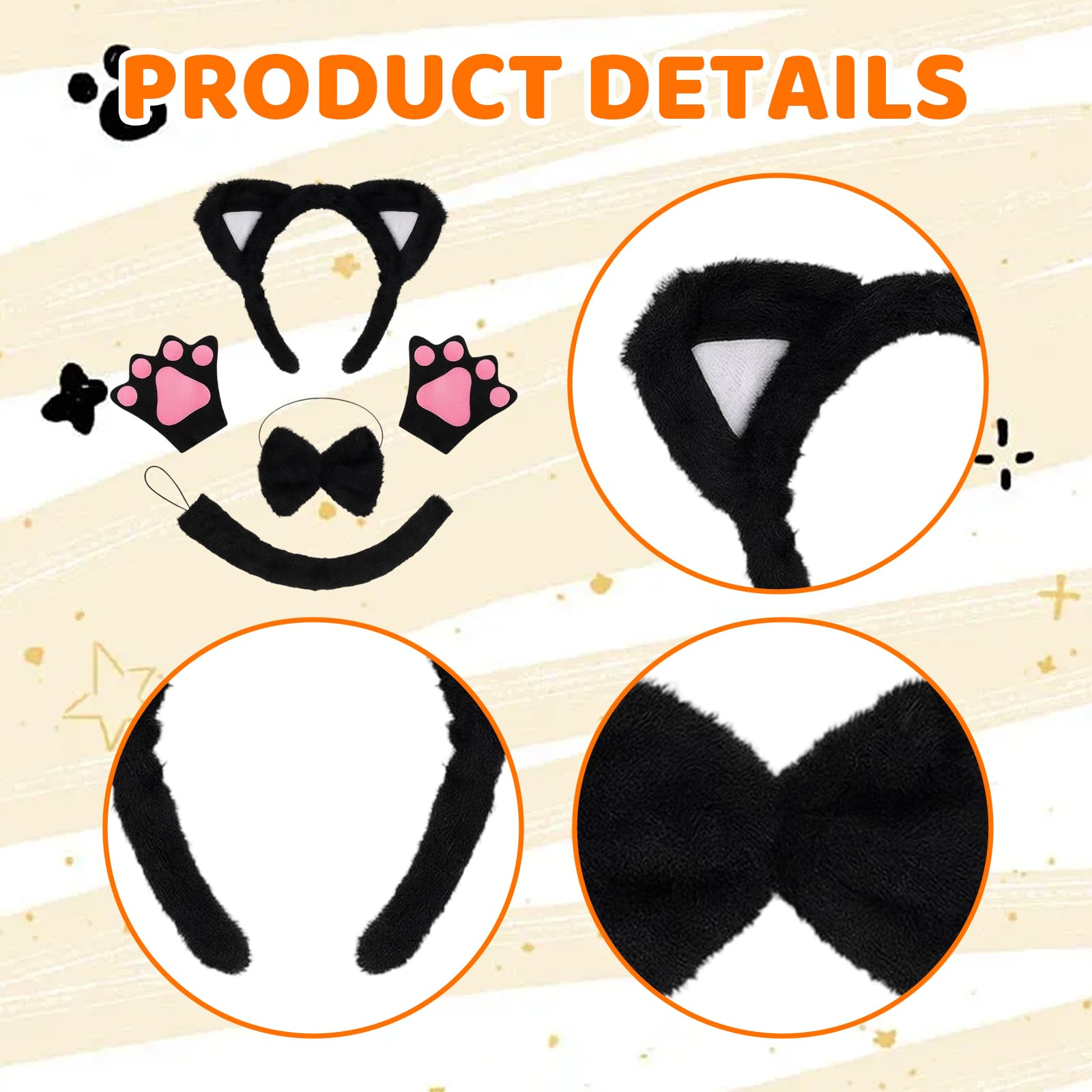 Cat Ears and Tail - Cat Costume Set with Headband - Gloves - Bow (image 3)