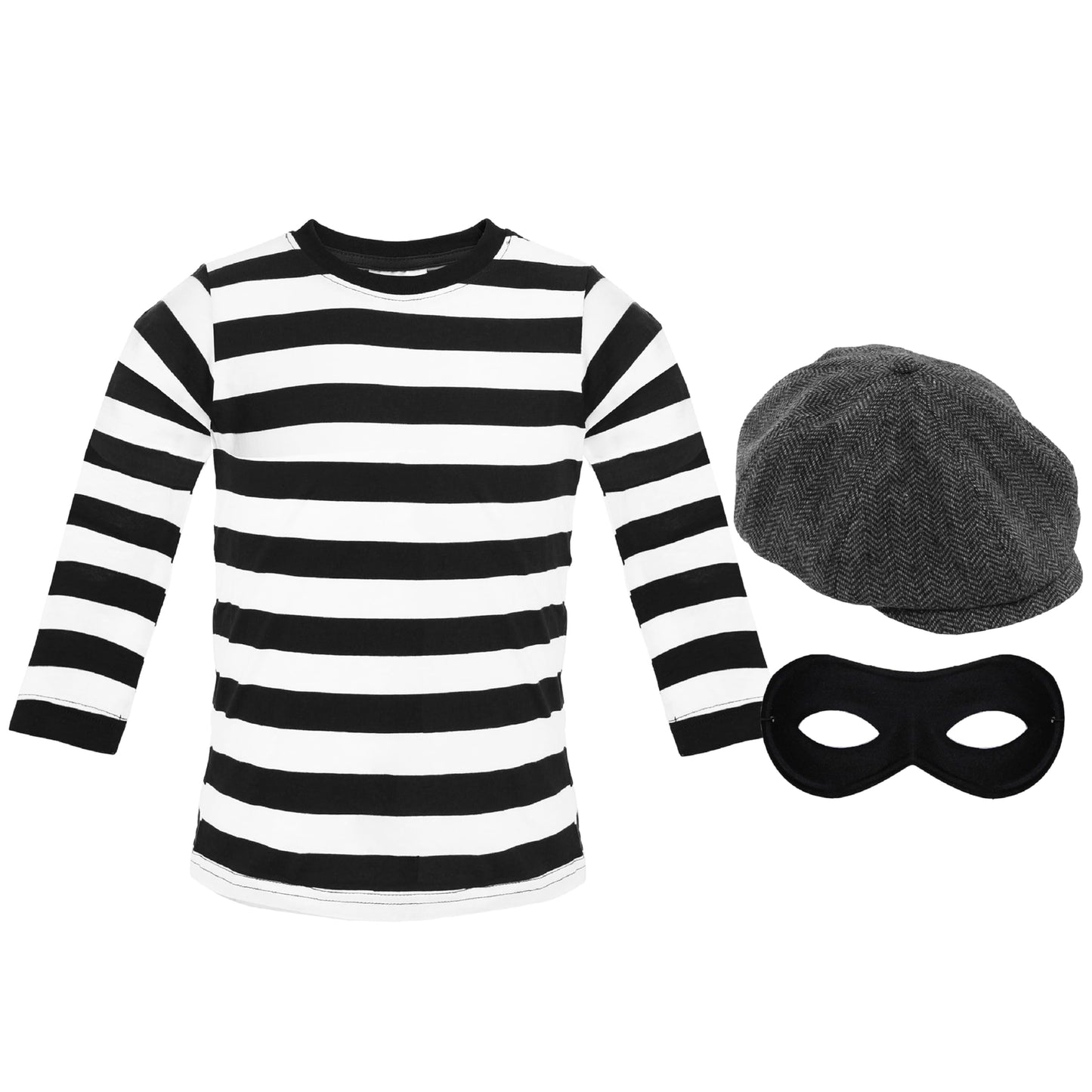 Adult Burglar Fancy Dress Costume - Small - Long-Sleeved Black & White Striped T-Shirt, Black Eye Mask, Flat Cap - Mens Ladies World Book Day Fancy Dress Costume