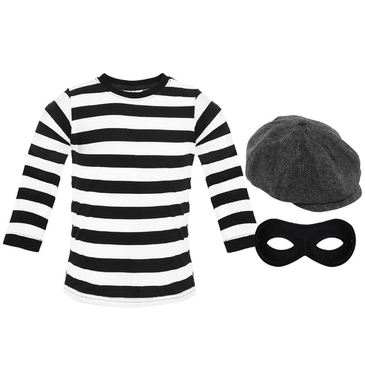 Adult burglar costume with striped shirt, eye mask and flat cap