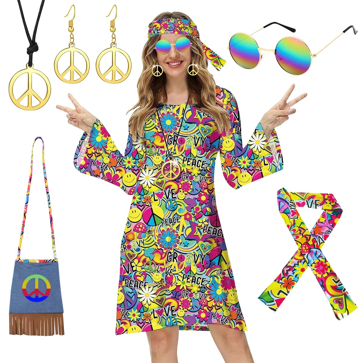 70s Fancy Dress Women - Hippie Costume Dress with Boho Headband Bag