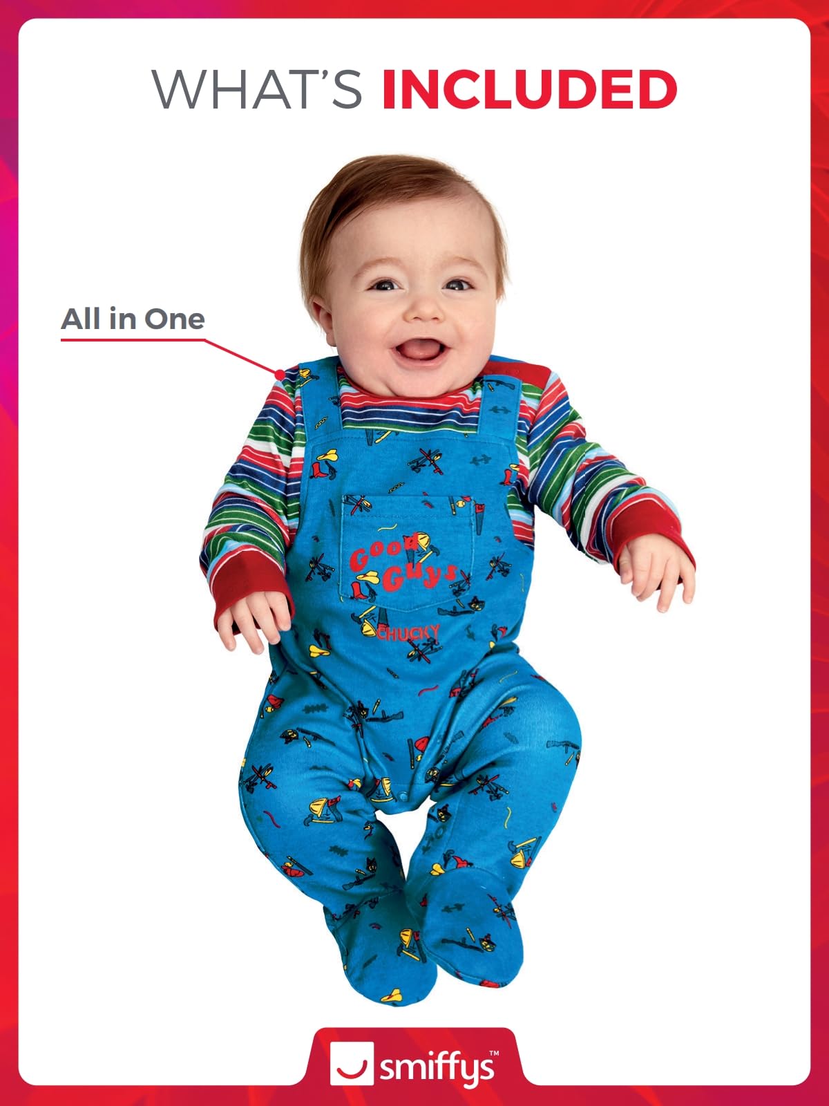 Smiffys Chucky Baby Costume in Blue and Red, All-in-One Bodysuit, Officially Licensed, Printed Iconic Outfit with Good Guy's Patch, Perfect for Halloween and Matching Family Costumes
