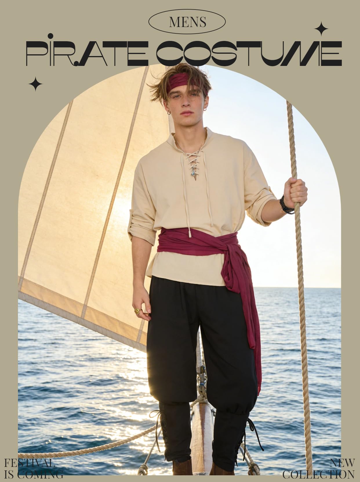 Pirate Costume Adult Men Eye Patch Medieval Shirt Trousers Bandana