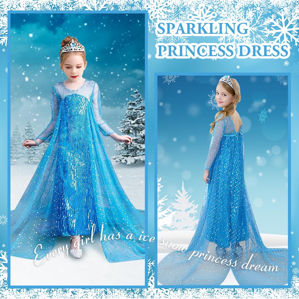 ACWOO Princess Dress, Princess Costume with Fairy Wand and Crown Tiara, Fancy Dress for Girls, Deluxe Shining Snow Queen Fancy Dress for Birthday, Halloween, Cosplay, Party, Bridesmaid
