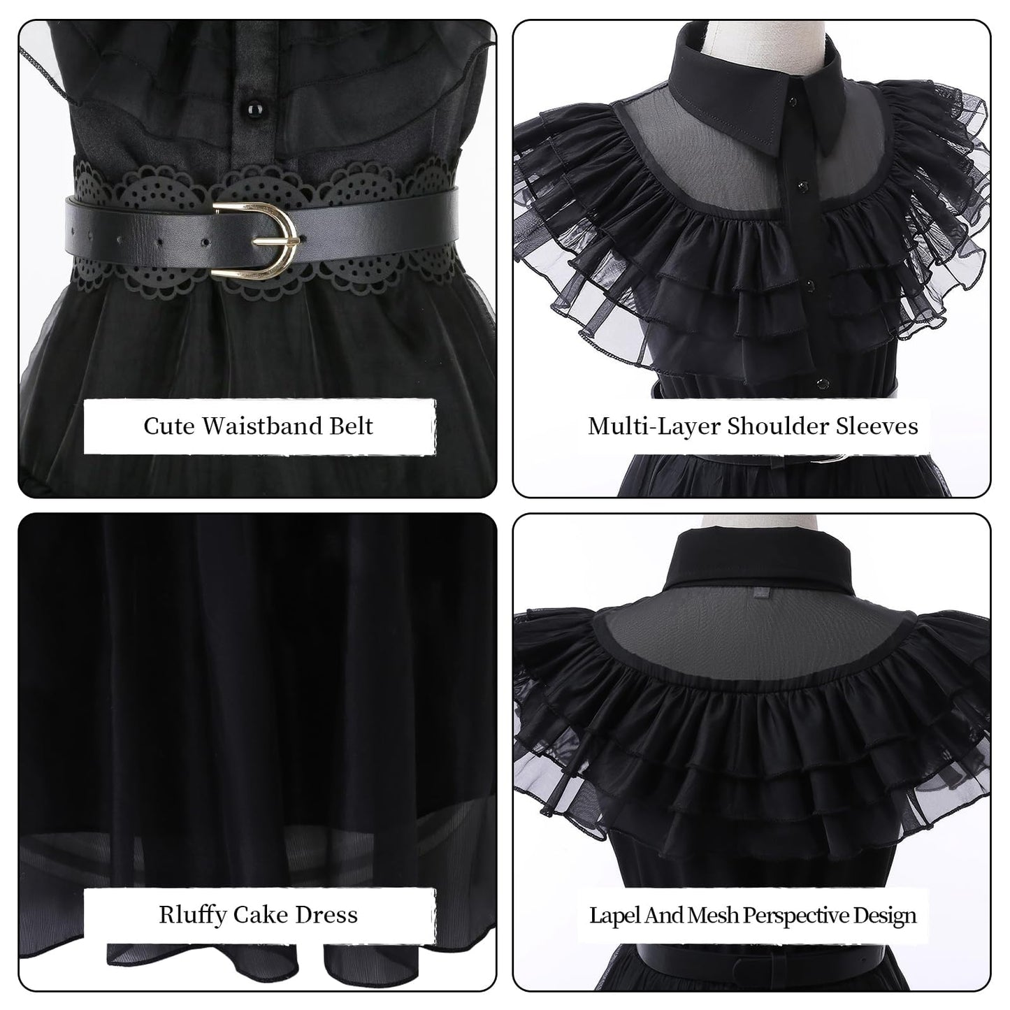VIPten Dress for Kids Girls, Addams Family Cosplay Outfit Gothic Costumes for Halloween Birthday School Party (Black, 4-5 Years)
