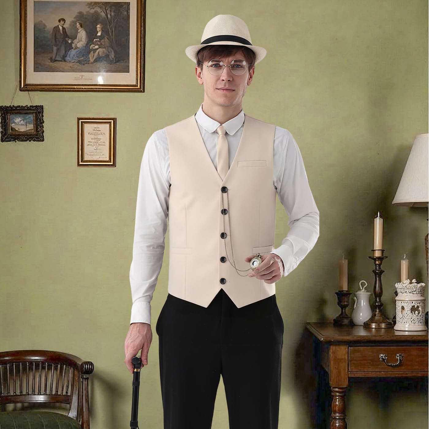 20s Costume Men's Vest with Accessories Braces - Crutch Pocket