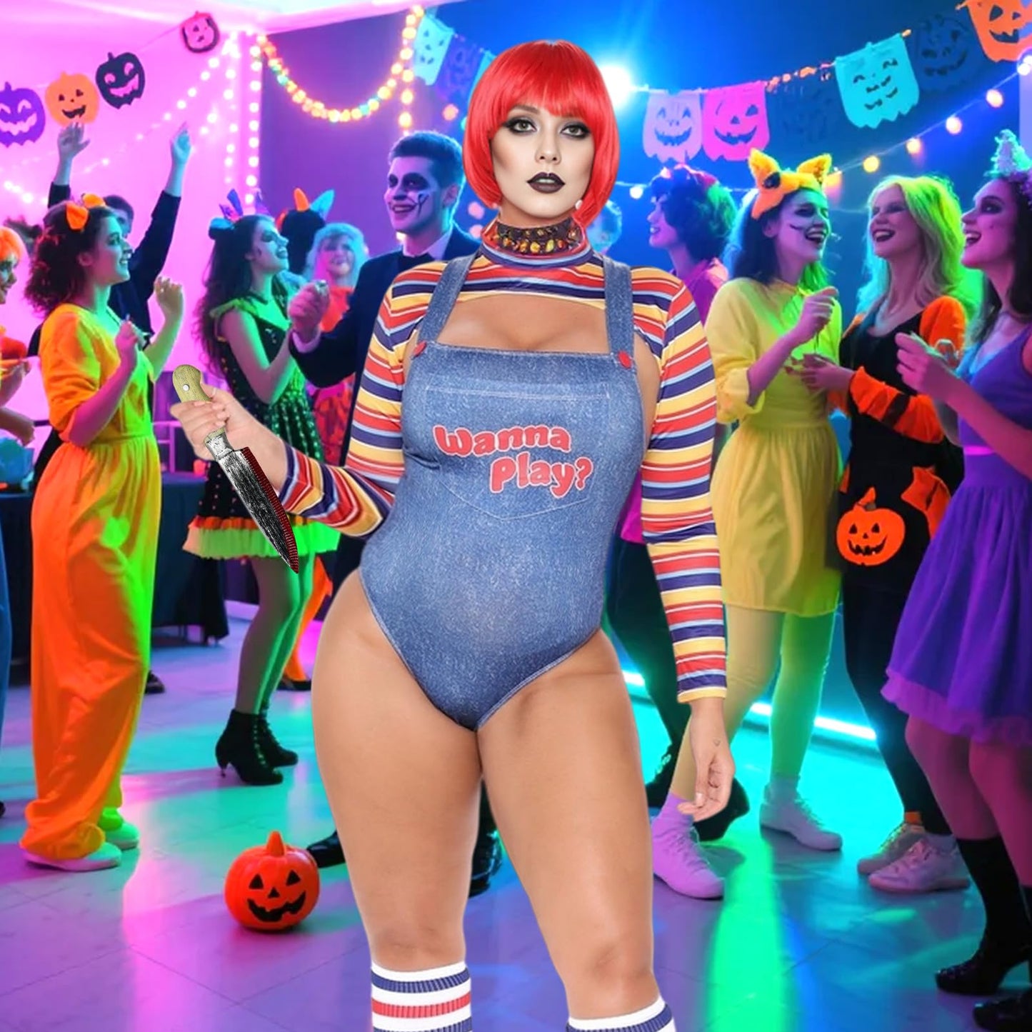 HarnyLoom Chucky Costume Women, Chucky Scary Costumes for Adult Girls Tops Overalls Killer Bloody Outfit Halloween Party Fancy Dress (M)