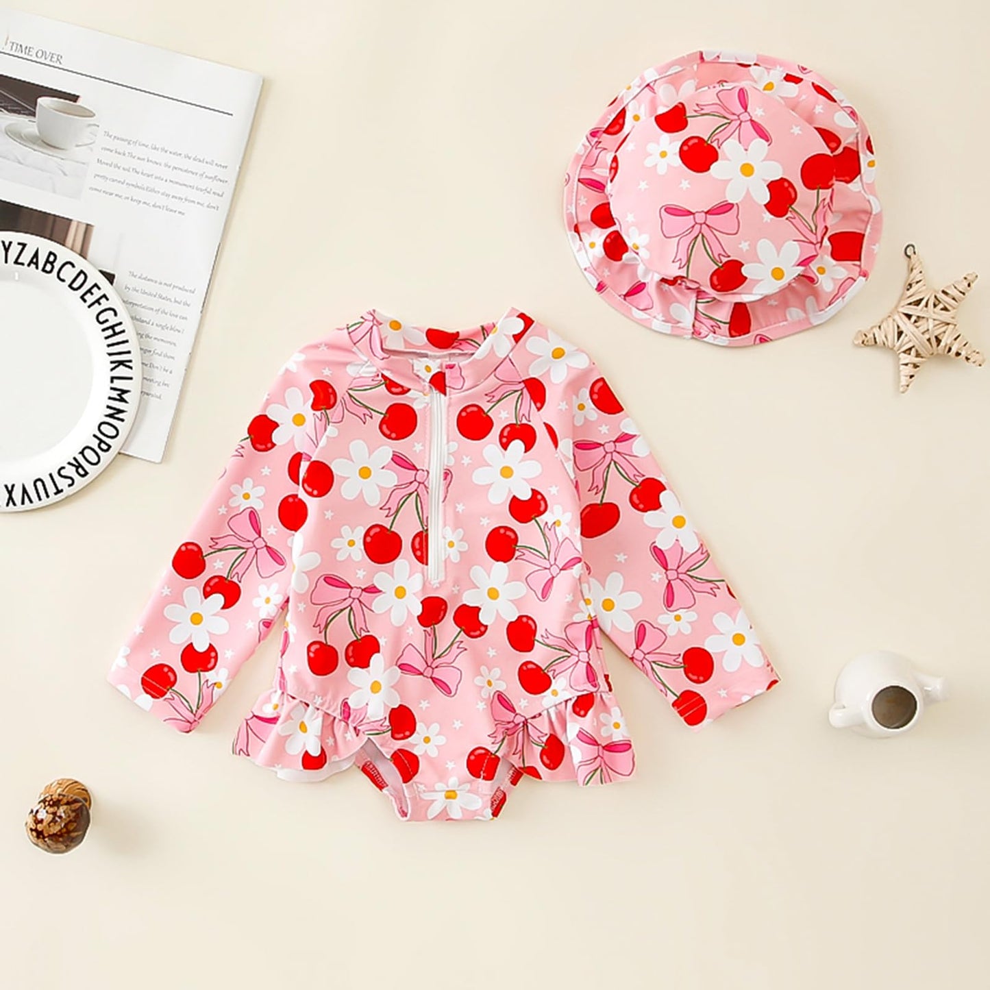 Nicoxijia Baby Girls Long Sleeve One Piece Swimming Costume Zipper Swimsuit Swimwear Bathing Suit Rash Guard with Sun Hat Set (Pink, 12-18 Months)