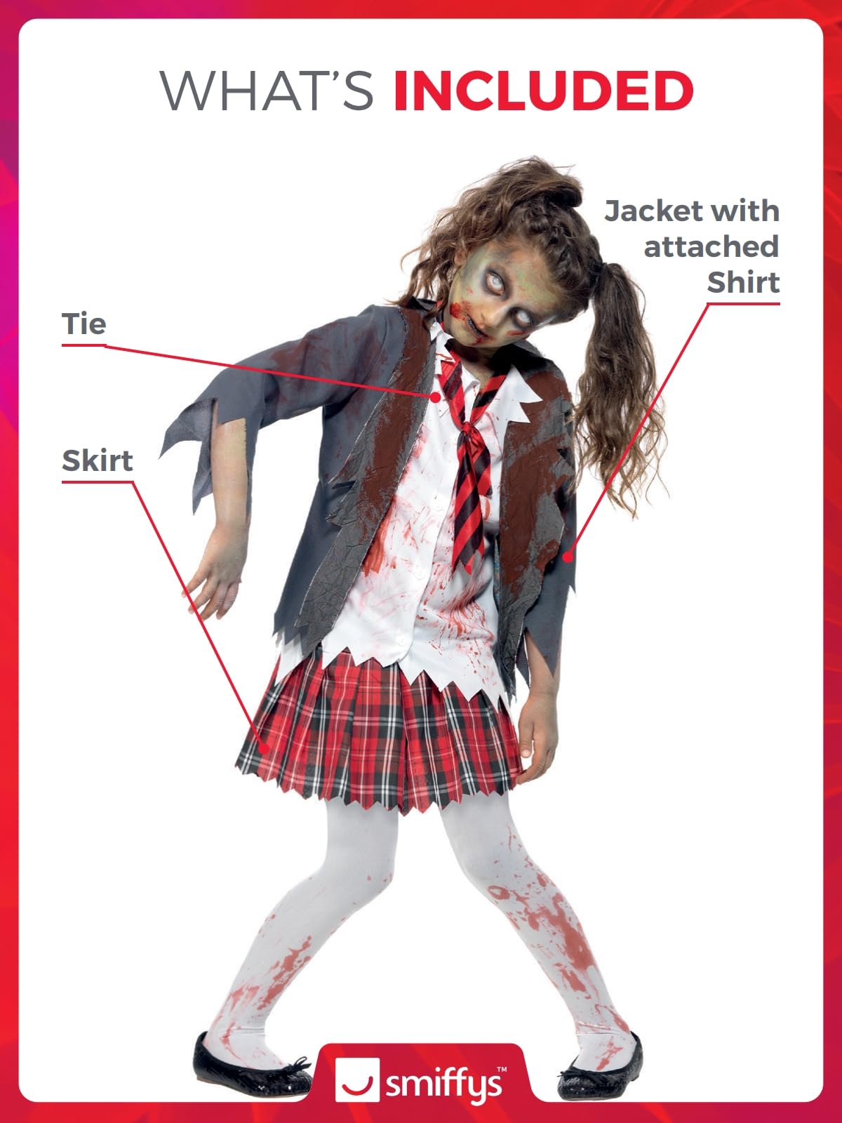 Smiffys Zombie School Girl Costume, Grey with Skirt, Jacket, Mock Shirt & Tie, Halloween Child Fancy Dress, Zombie Dress Up Costumes