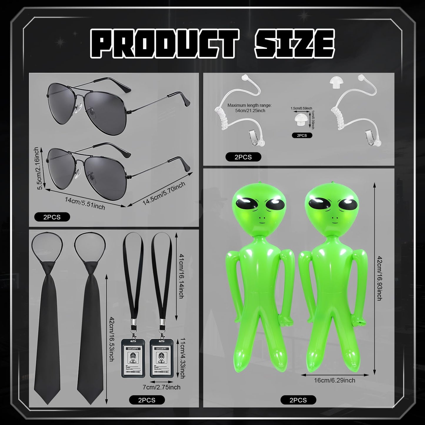 10Pcs Agent Costume Accessories Set, Secret Agent Dress Up Kit with ID Holders Black Ties Sunglasses Earpieces Inflatable Green Aliens for Women Men Halloween Cosplay Carnival Fancy Dress Party Props