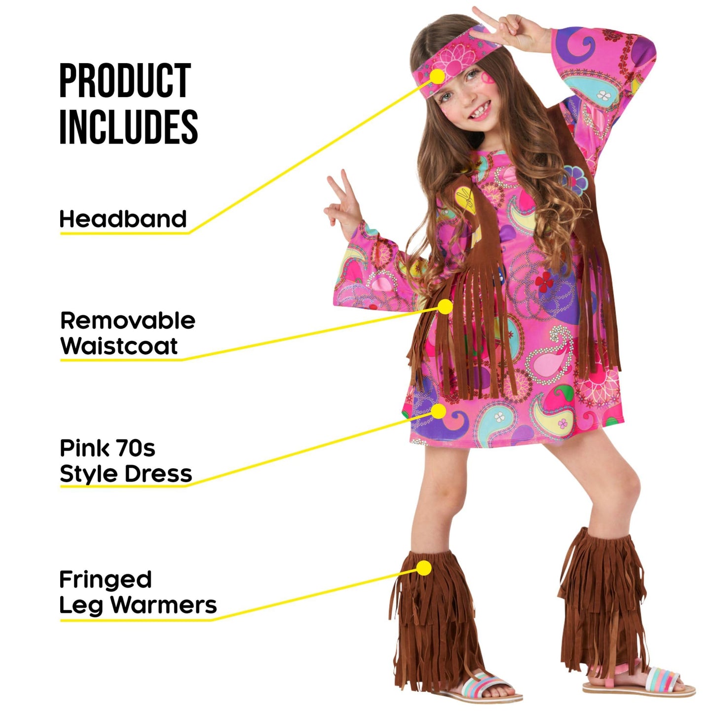 Morph Kids Hippie Vest Costume Dress - 70s Disco Outfit for Girls Halloween Costume, Retro Hippie Dress for Kids, Large