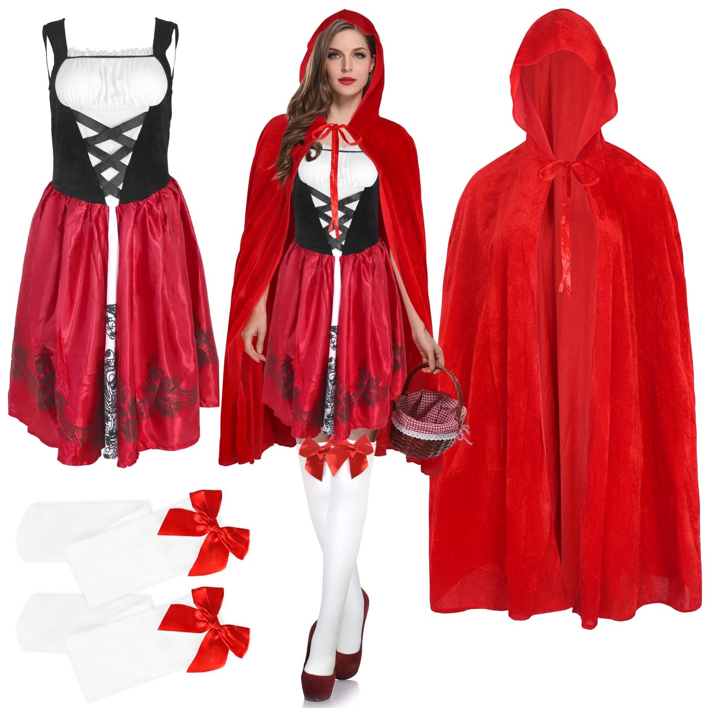 Oerphh 3PCS Adult Red Dress Costume Set for Women Halloween Fancy Dress Costumes with Hooded Cape Cloak Knee Thigh High Socks for Christmas Role Play Outfit (Red, M)