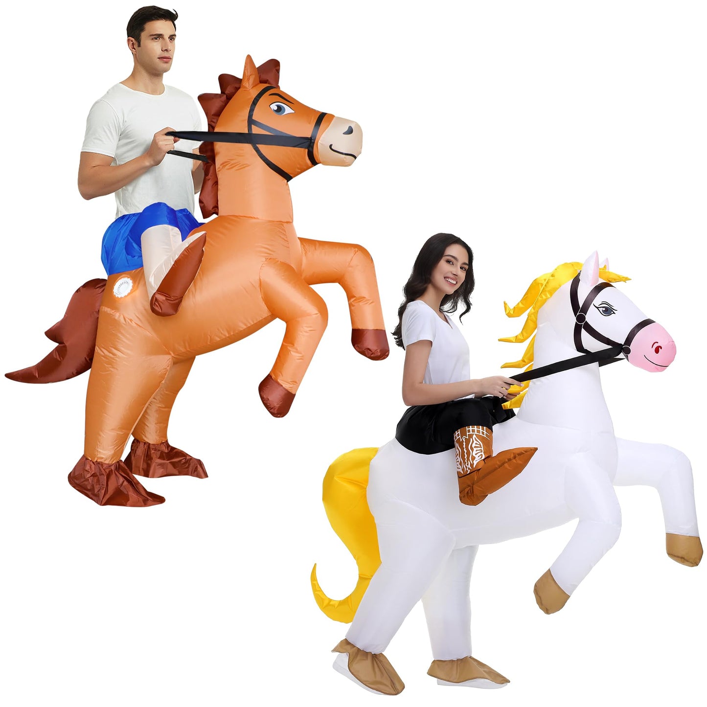 Poptrend Couple Inflatable Horse Costume for Adult, New Ride on Horse Blow Up Costume for Double Men Women Halloween Cosplay Party
