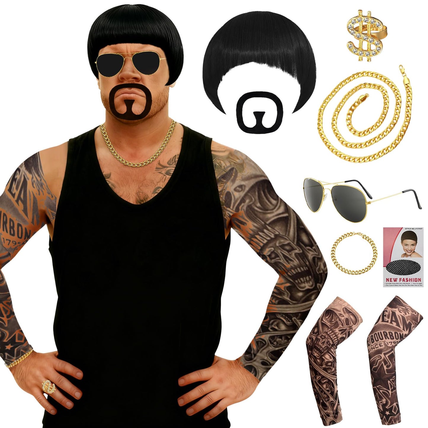 Ibiza Final Boss Costume Funny Costumes For Men with Handsome Black Bowl Cut Wig Hair Nets Goatee Mustache Sunglasses Gold Chain Ring & Tattoo Sleeves, 90s Meme Cosplay Ibiza Outfit for Carnival Party