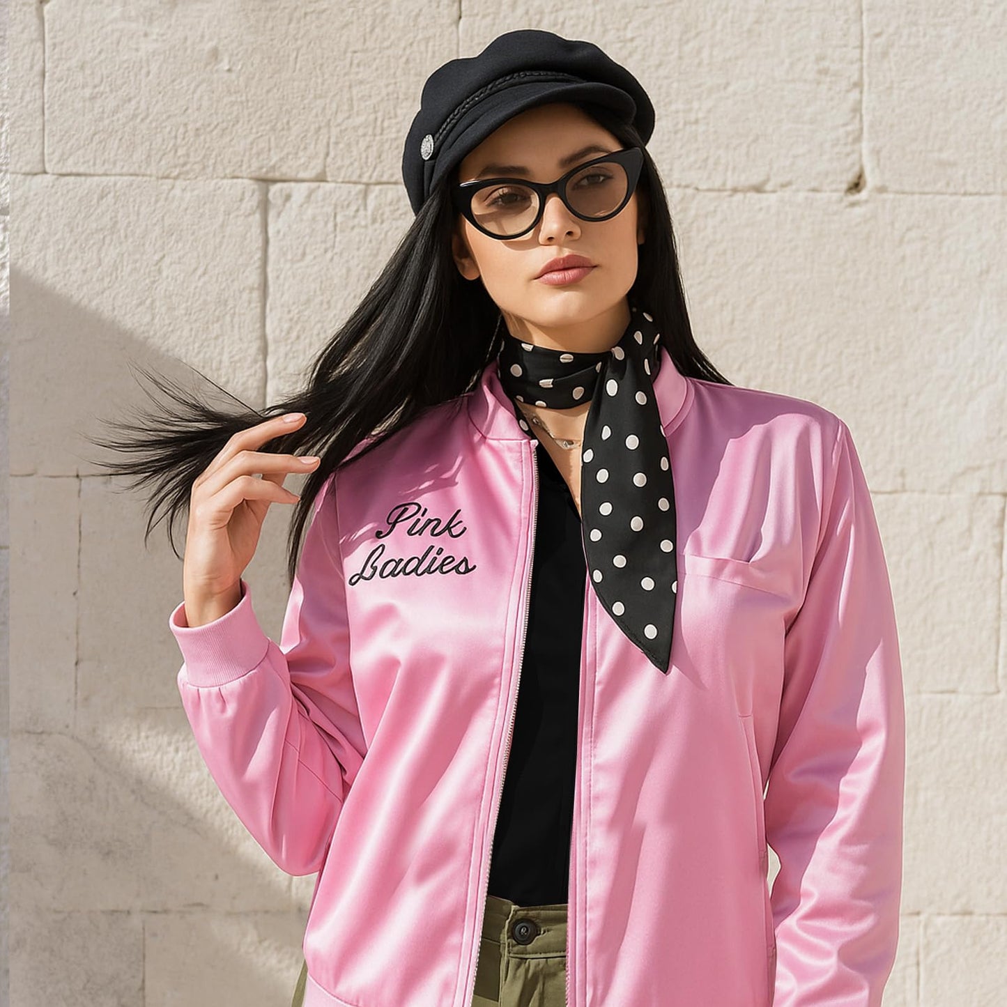 SSKHE Ladies Pink Grease Jacket with Neck Scarf Glasses, Halloween Cosplay Costume Fancy Dress, 1950s Pink Satin Jacket Outfit for Women Festival Carnival Christmas 80s Party