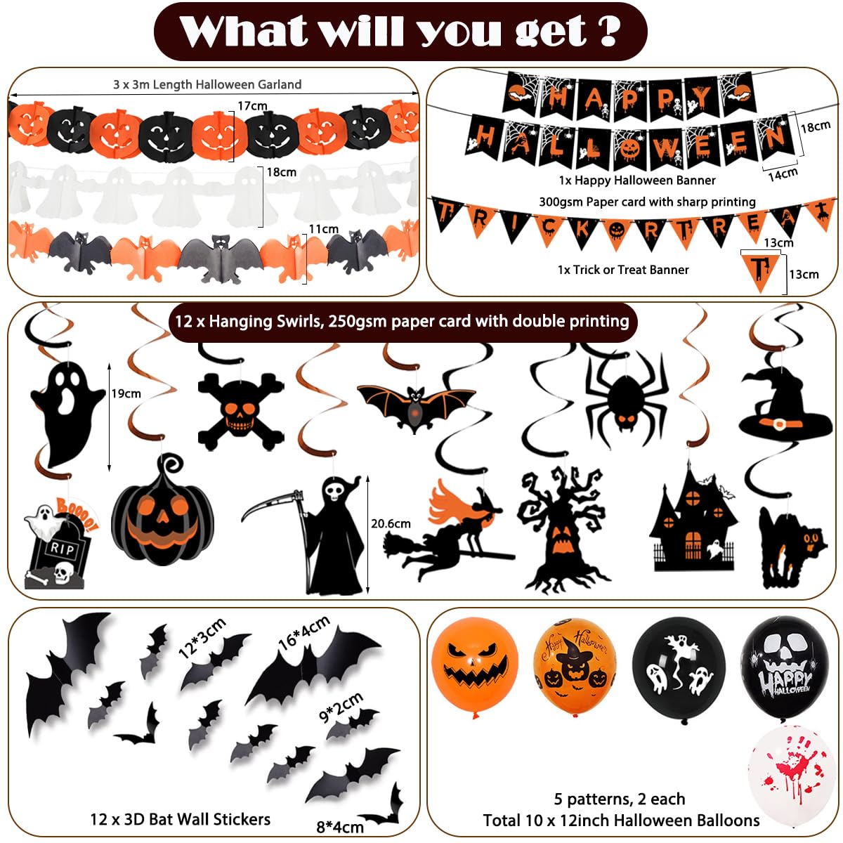 AMLOOPH Halloween Decorations Reusable Indoor Set - Happy Halloween Banner, Hanging Pumpkin, Bat, Ghosts Bunting Garland, Trick or Treat Sign and Spooky Hanging for Party Decorations