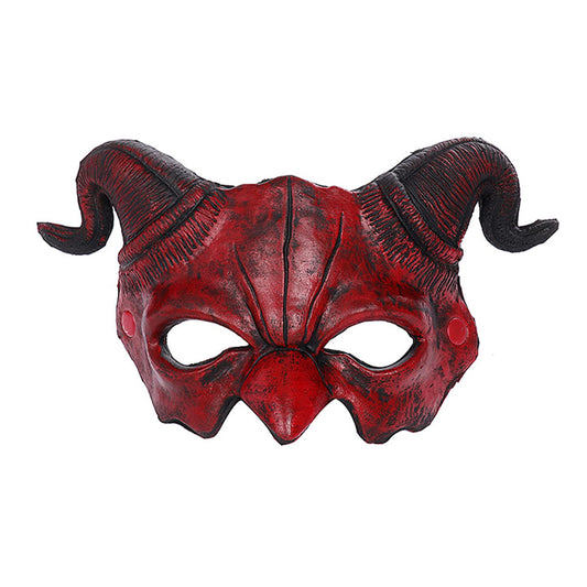 Faxianther Scary Red Devil Mask with Ram Horns, Men Women Horror Demon Evil Cosplay Halloween Mardi Gras Animal Goat Buffalo Costume Half Face Mask Party Spook House Decoration Prop Supplies