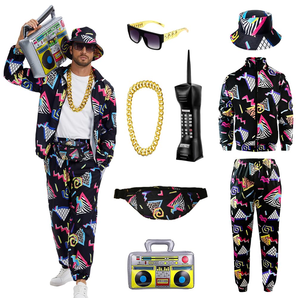 YQVGFBY 80s Outfit Men's 90s Retro Tracksuit Halloween Carnival Costume Jogging Suit Sports Suit Badass Costumes 8pcs (Black, XXL)