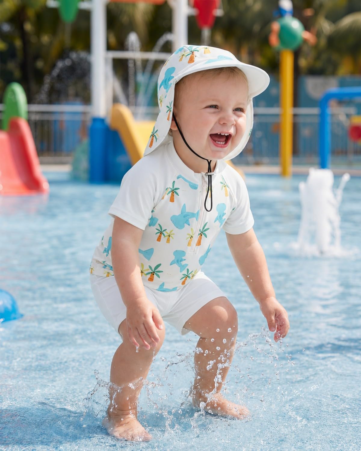 JiAmy Baby Boys Swimming Costume with Sun Hat 3PCS Short Sleeve Zip Up Rash Guard Shirt Swim Truck Infant Toddler Baby Swimsuit White 18-24 Months