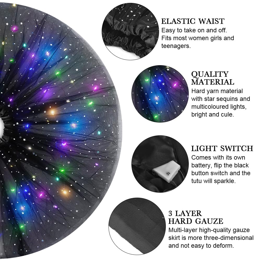 URAQT Tulle Tutu Skirts for Women LED Light Up, Tutu Skirts Sequins Stars Elastic, Tutu Adult Teen Skirt Ballet Dance Festival Outfit Halloween Party Costume # Black