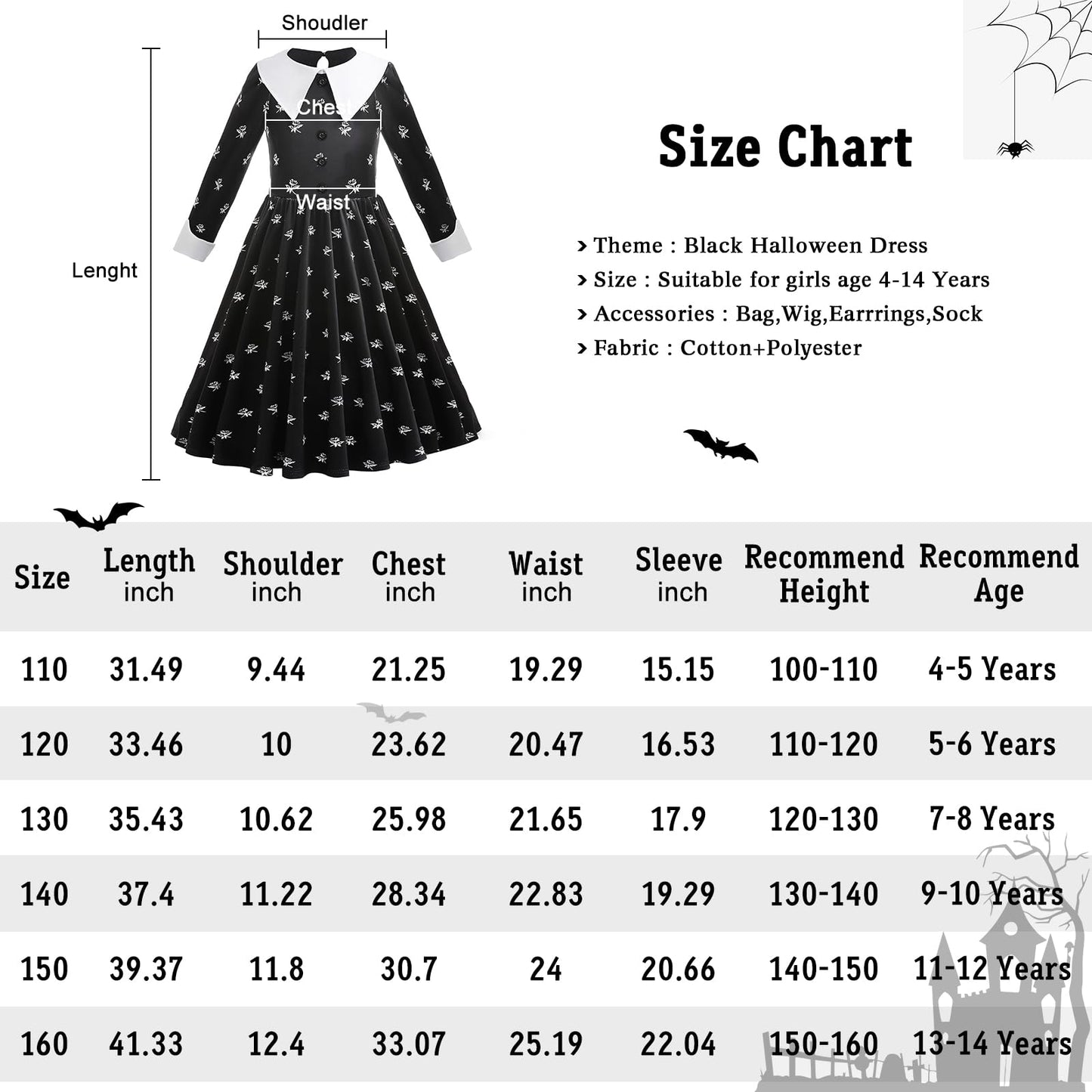 LZH Halloween Dress for Kids Girls Long Black Dress Cosplay Carnival Uniform School Fancy Dress Up with Earring Wig and Bag