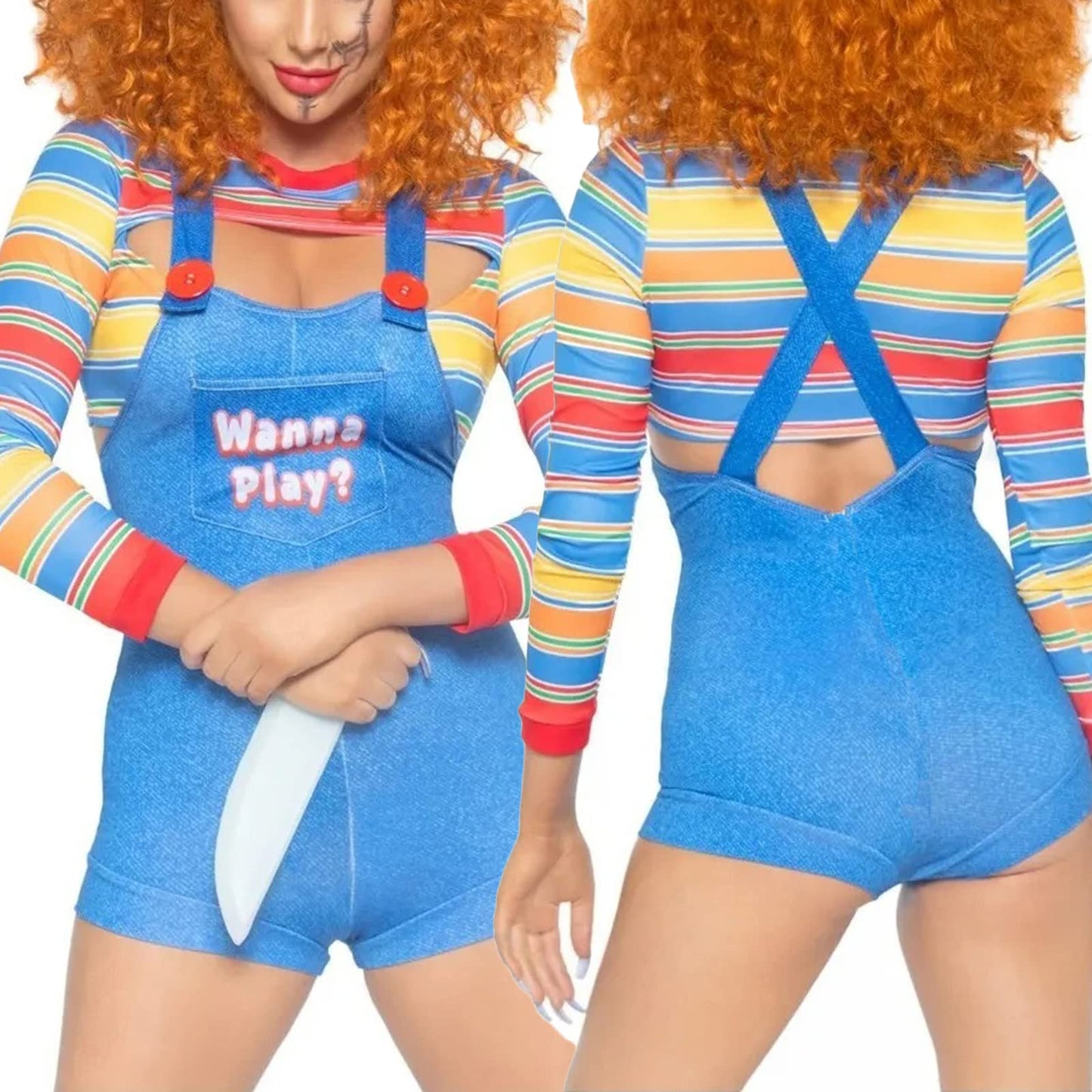 CocMouse Halloween Costumes for Women Scary Nightmare Killer Doll Costume Halloween Doll Clown Costume Sexy Cosplay Jumpsuit (C-Blue, L)