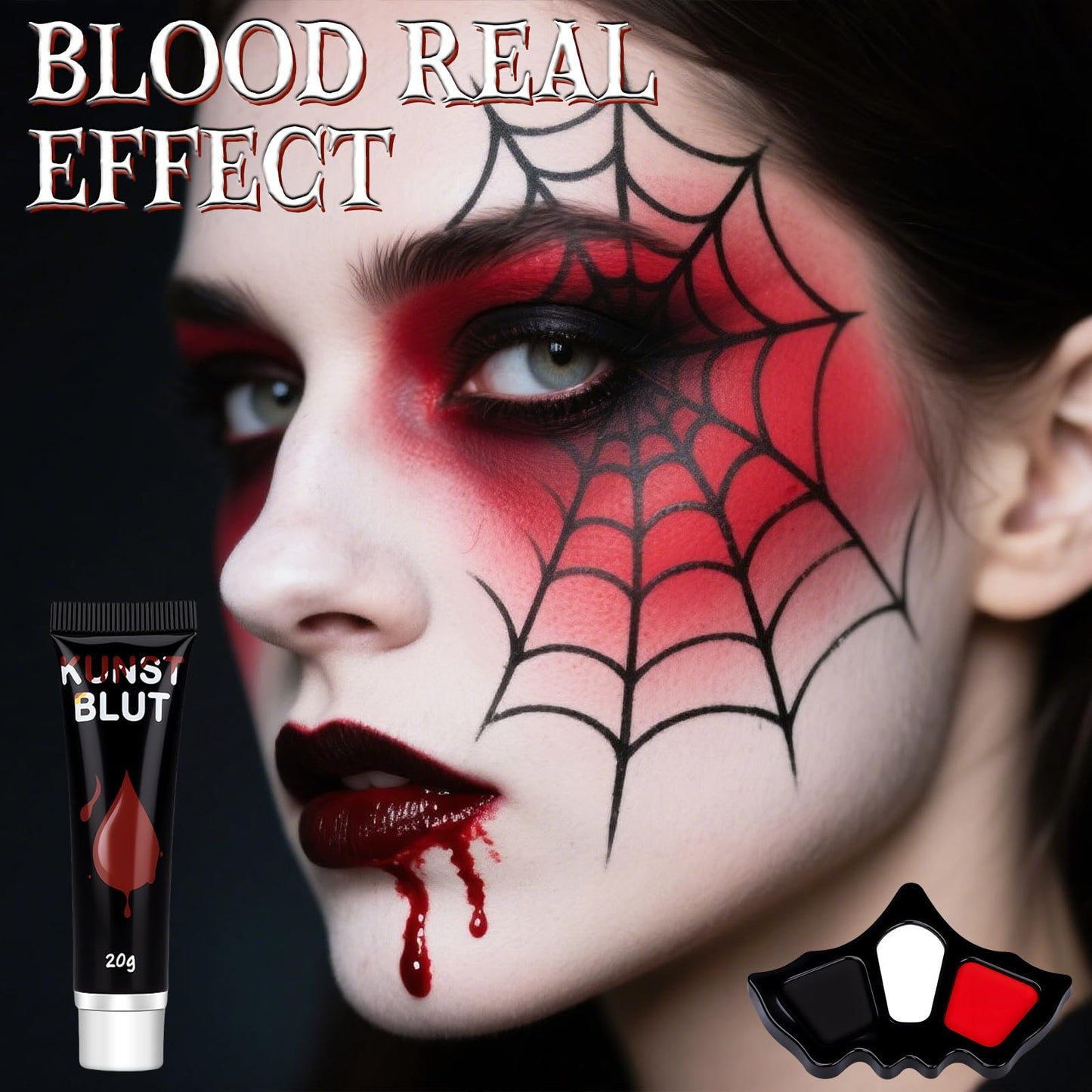 Face Paint Halloween Makeup Kit - White Black Red Face Paints Professional Adults with Fake Blood, Scars, tattoos, 8 Color Body Painting Set For Zombie Vampire Skeleton Joker Clown Witch Cosplay