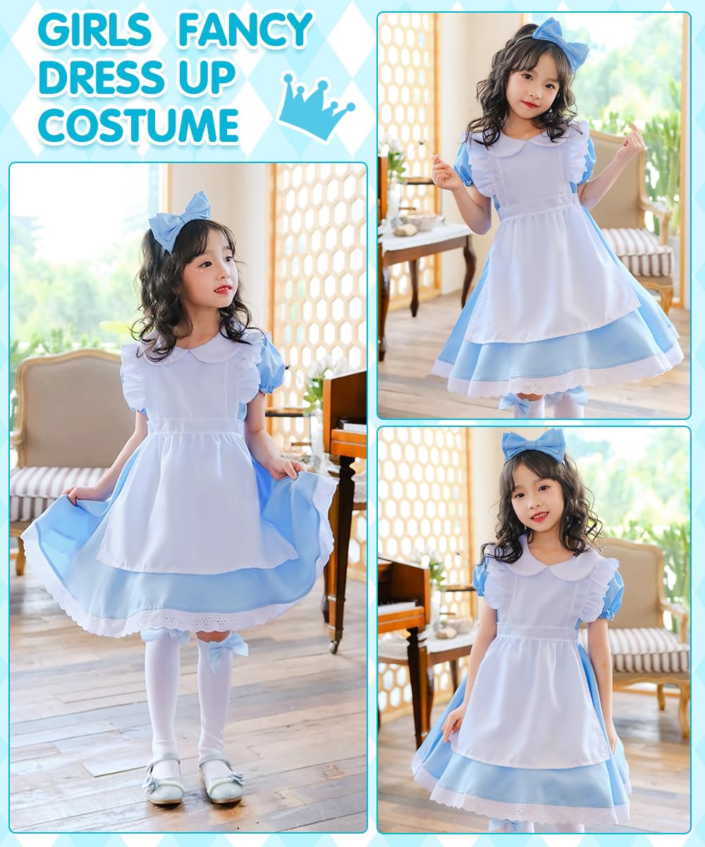 COYBTO Princess Costume for Girls 6-11 Years - Blue Dress With White Apron and Headband for Halloween, Birthday Party, Carnival, Fancy Dress