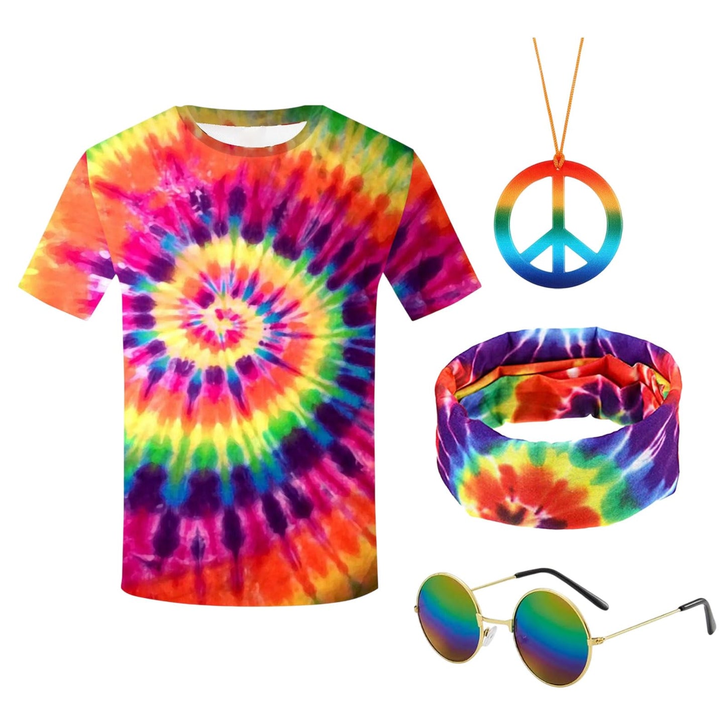 SAIIURV 4 Pcs Hippie Costumes T-Shirt, Sunglasses Peace Necklace Headband, Mens & Womens Pop Hippie 70s Disco, Rock Star Party, 1980s Fancy Dress for Retro Theme Party Cosplay Dress Up(Multicolor)