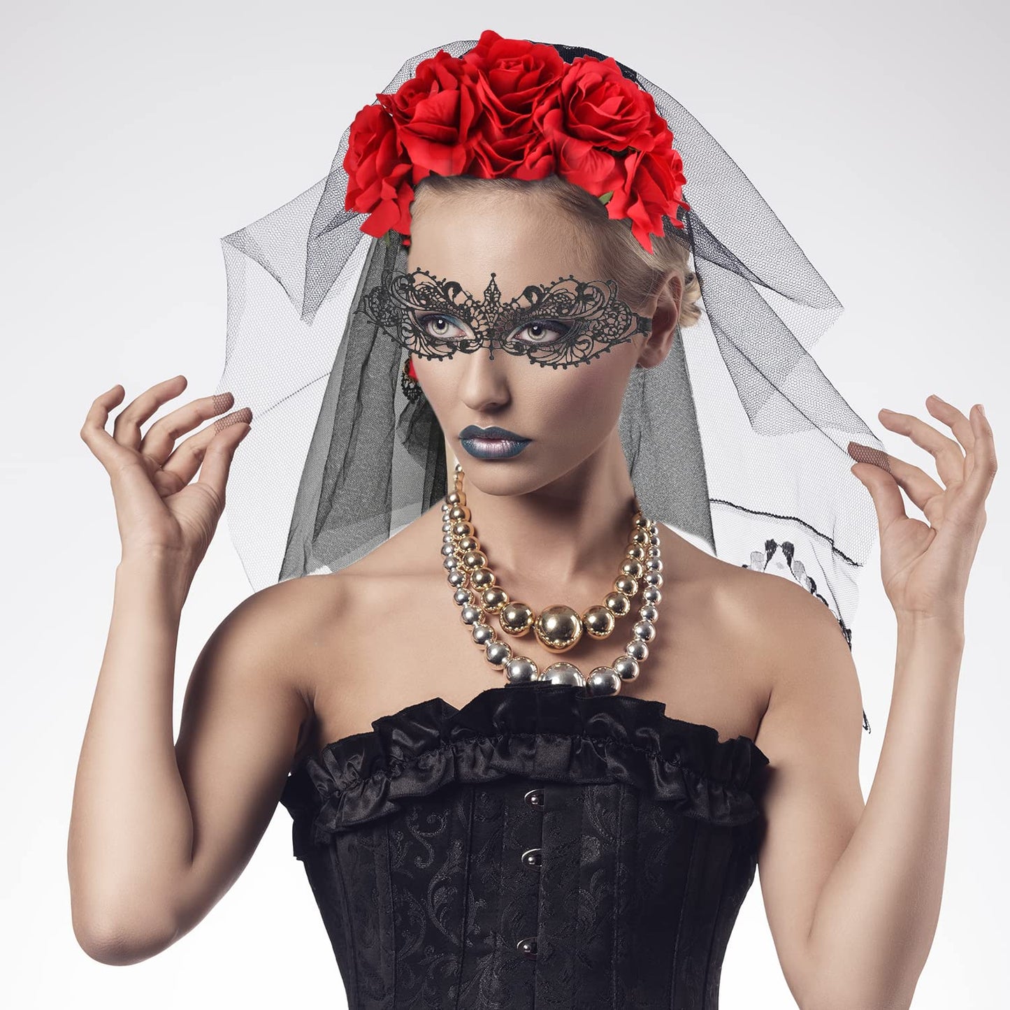 NAUZE 4 Pieces Day of the Dead Halloween Costume Set Gothic Bride Veil Ladies Rose Necklace Lace Eye Mask Lace Gloves for Halloween Adults Costume Accessory(Red)