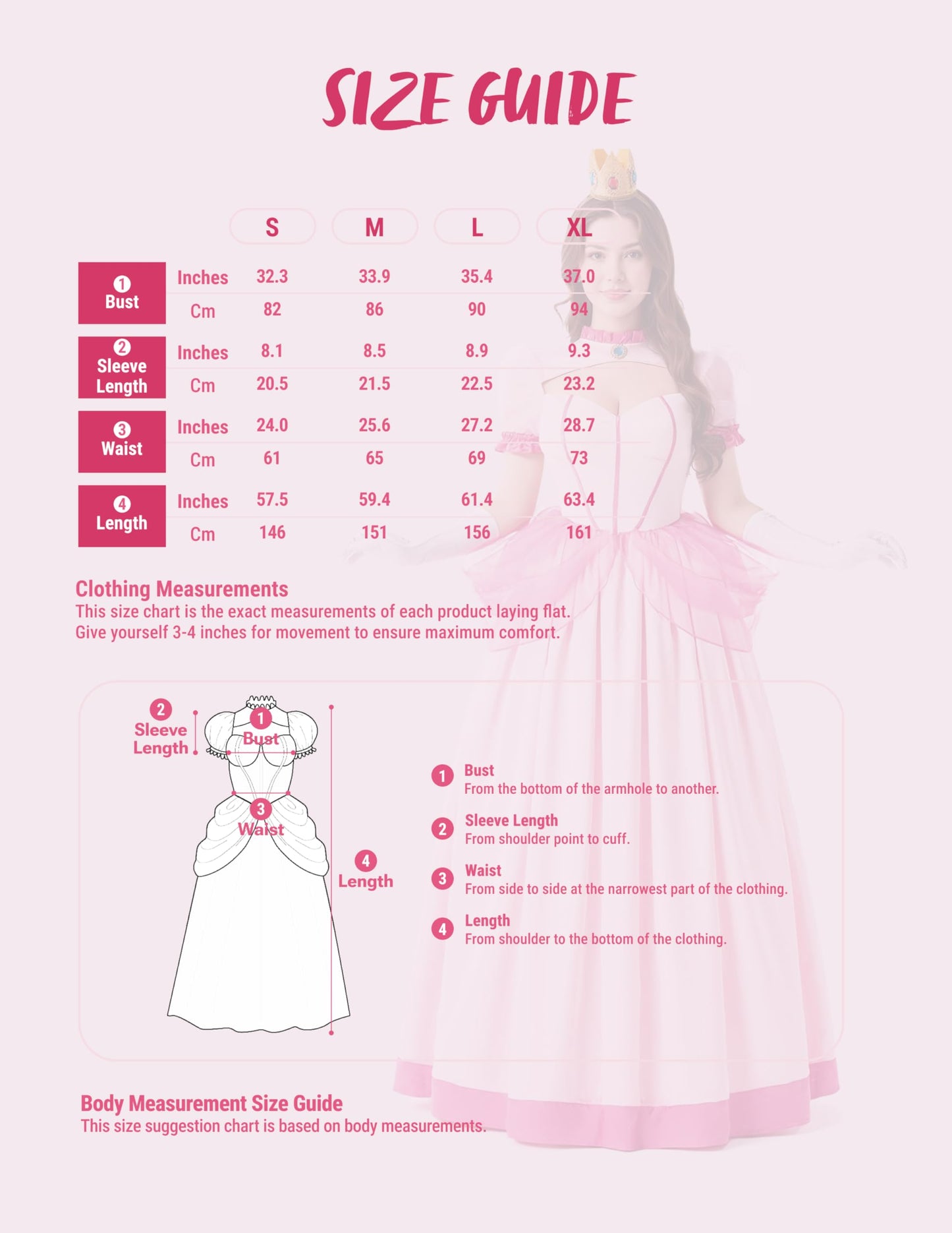 Women Peach Pink Dress Costume with Gloves and Crown - Princess
