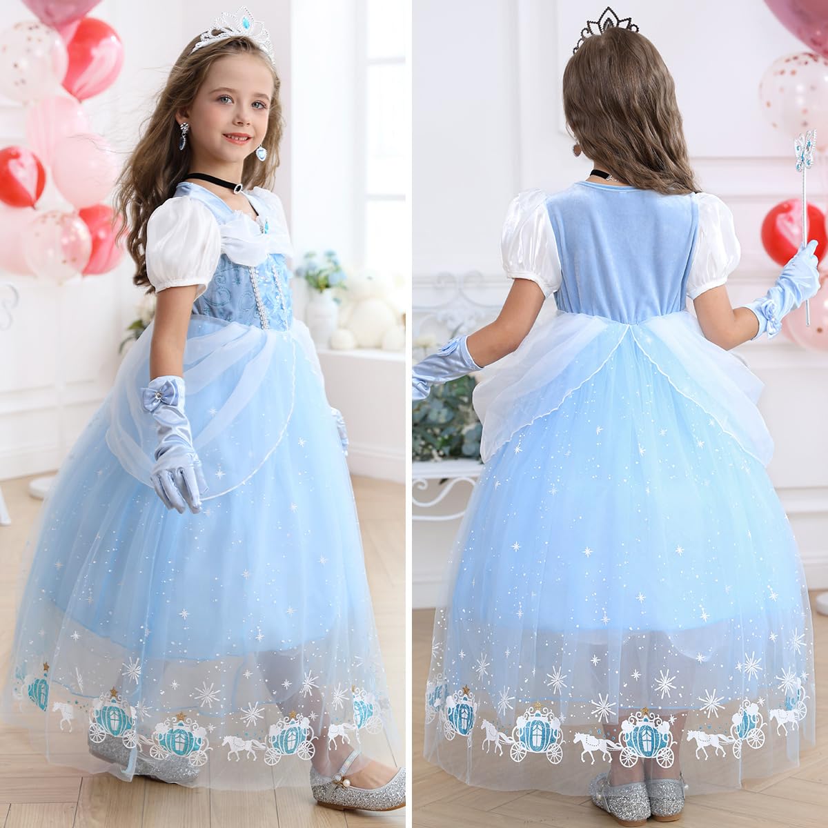 Snyemio Princess Dress for Girls Blue Costume Kids Fancy Dressing Up Tulle for Birthday Party Cosplay Outfits, 2-3 Years(Label 100)
