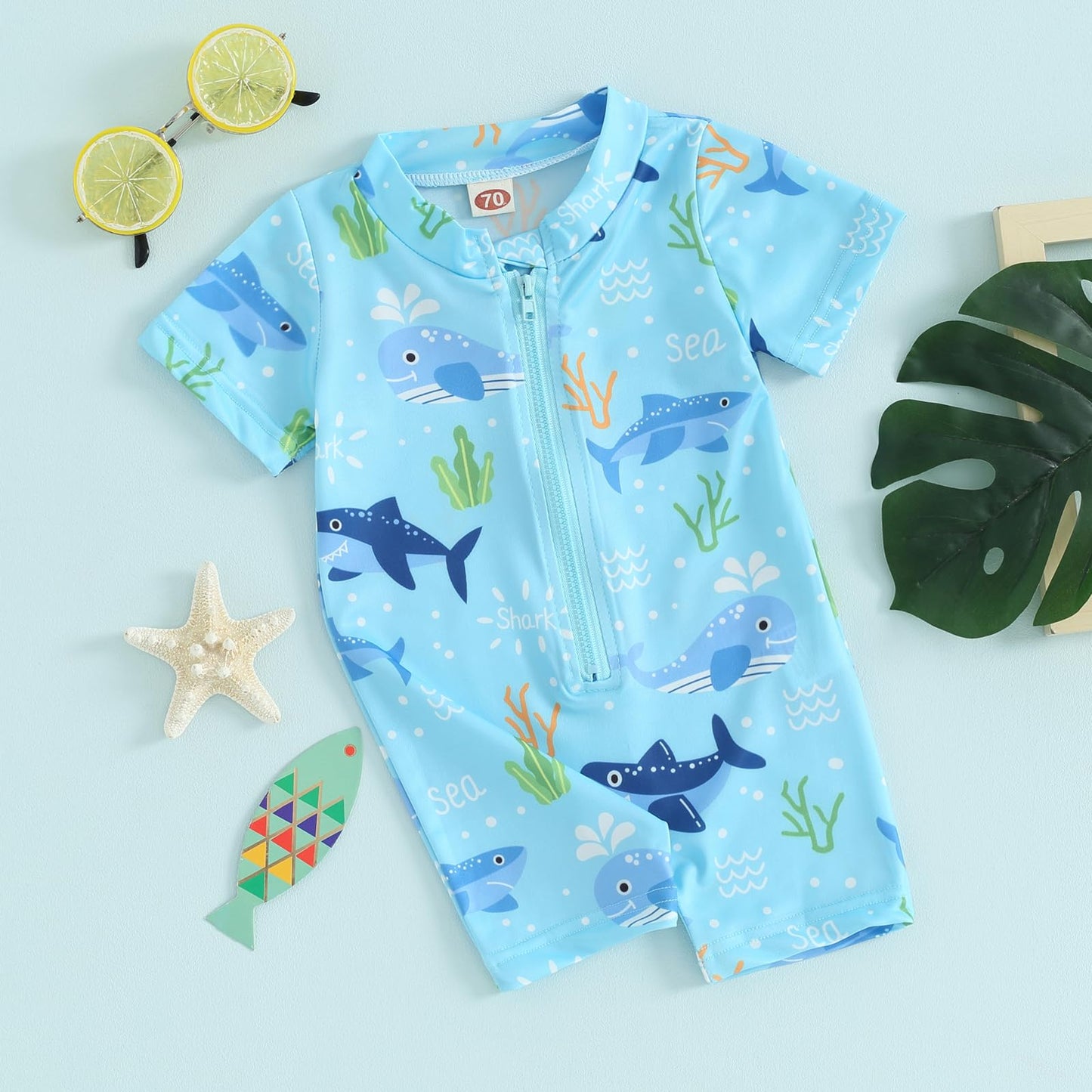 BABWWNIX Baby Boy Swimsuit Swimming Costume Rash Guard Zipper One Piece Short Sleeve Sunsuit Beach Swimwear Bathing Suits (Baby Swimming Costume-Sky Blue, 18-24 Months)