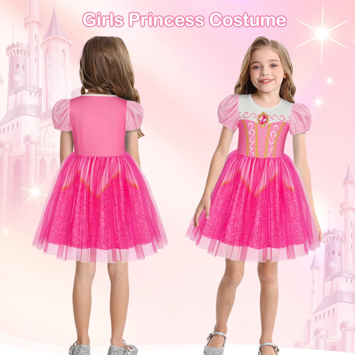 Berich Princess Costume with Crown Princess Costumes for Girls Halloween Outfits Christmas Gifts World Book Day Week Pink Dress up for Girls 4-5 Years(Pink,120)