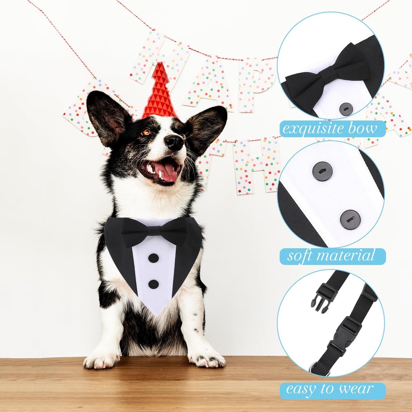 Dog Tuxedo Wedding Bandana Collar with Bow Tie Adjustable Dog
