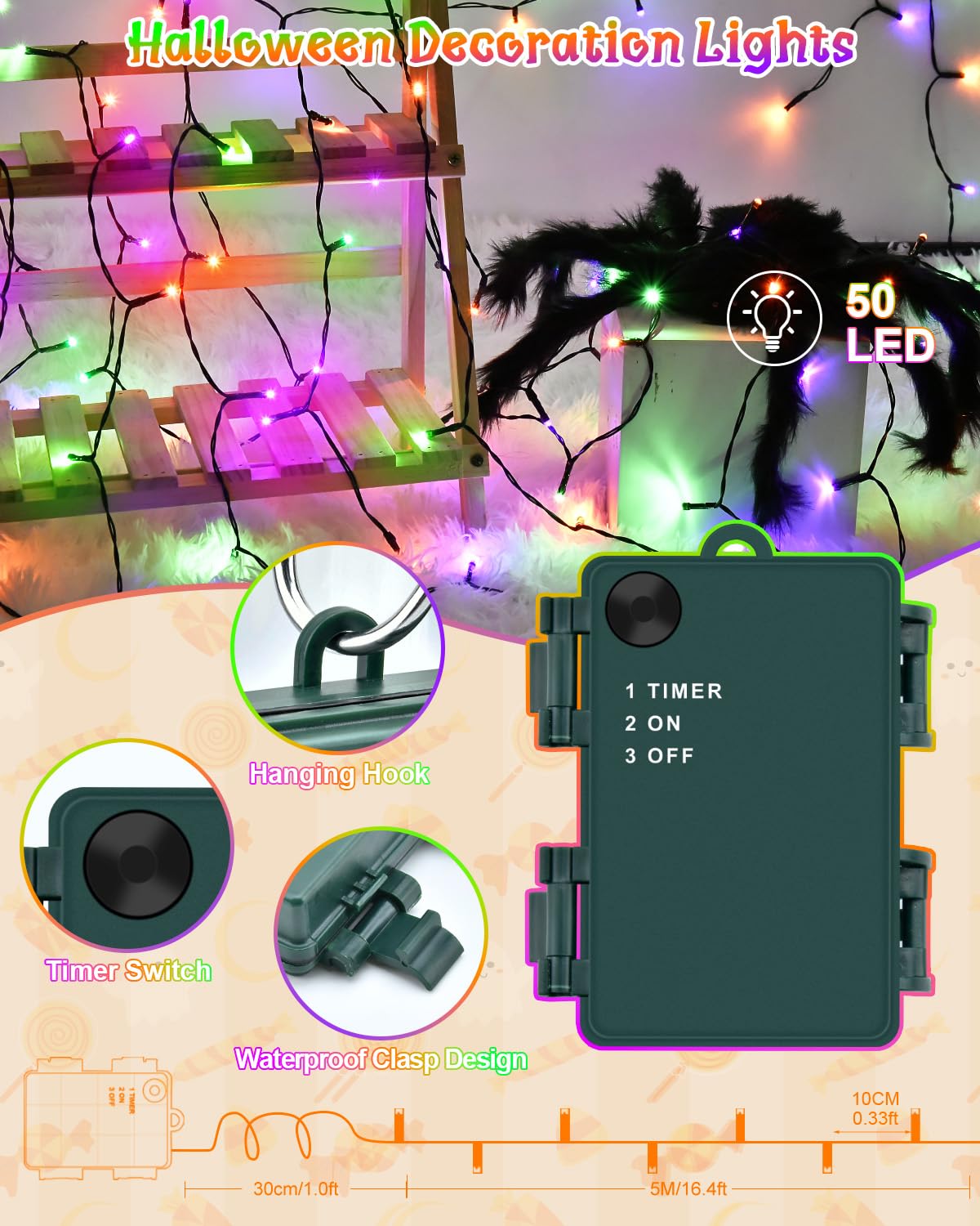 Dalugo Halloween Lights Orange Purple Green, 5M 50 LED Battery Operated Halloween Decorations Fairy Lights with Timer, IP65 Waterproof Indoor Outdoor String Light for Hallow‌ Decor(Green Wire)