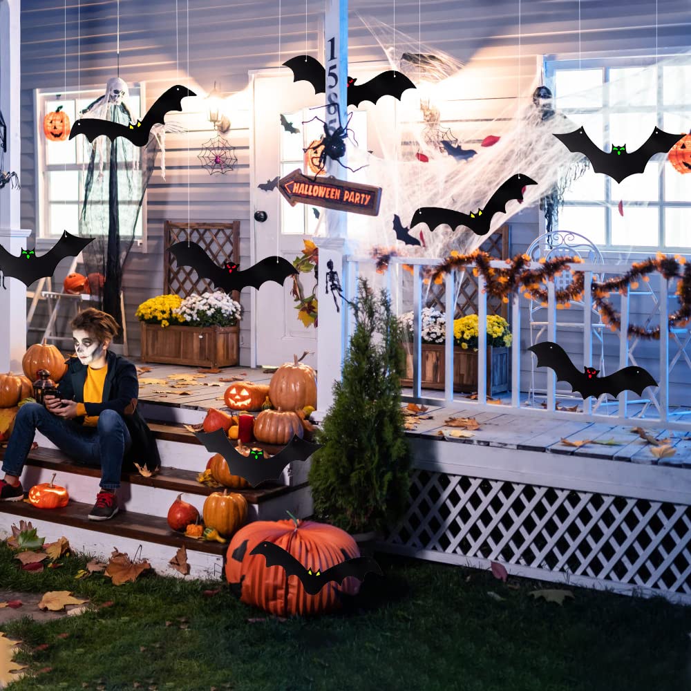 DTYDECLE 12PCS Halloween Hanging Bats, Halloween Flying Bat Hanging Decorations with Glowing Eyes for halloween Decor Outdoor Yard Party Decoration Supplies