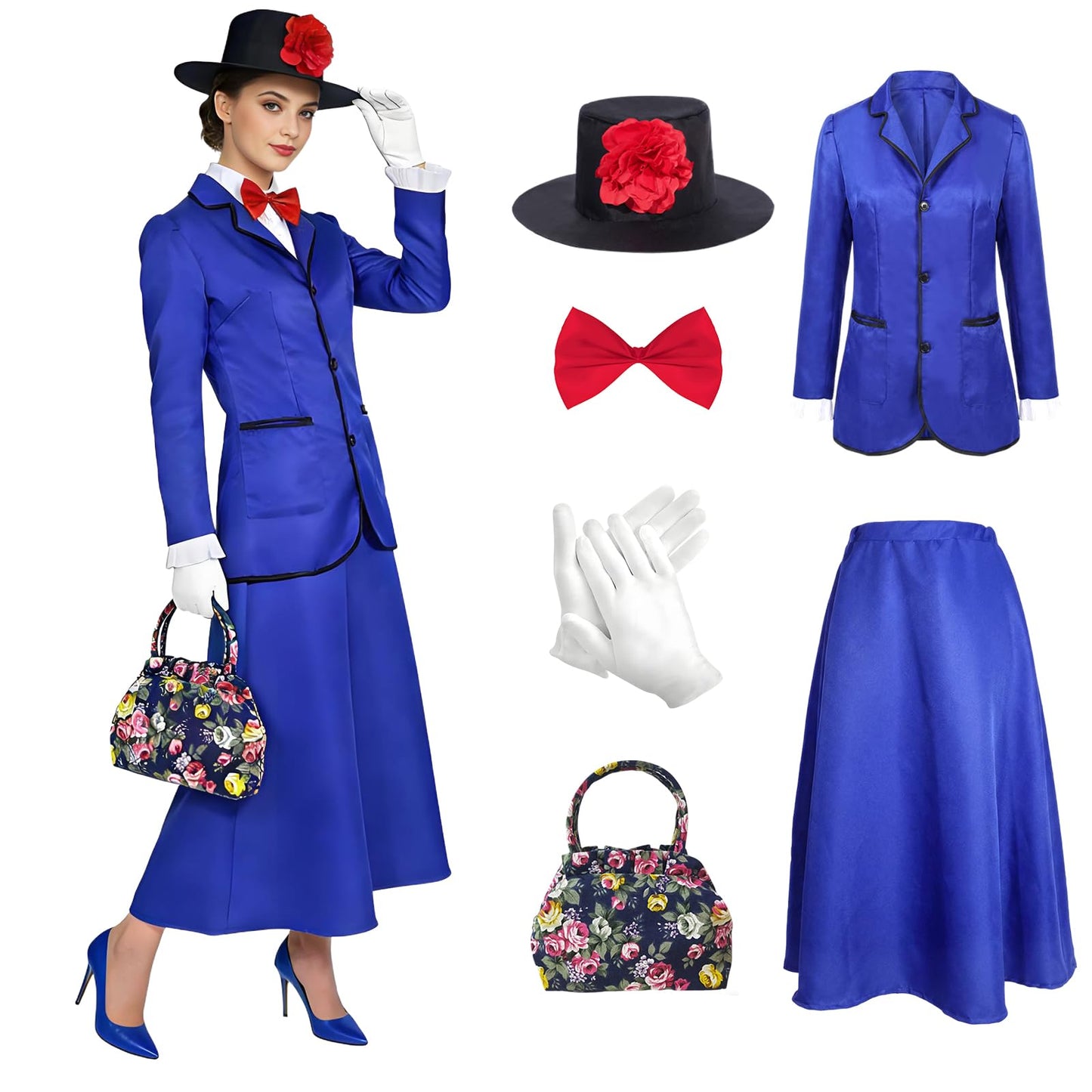 Victorian Nanny Costume Women World Book Day Blue Jacket Skirt Hat