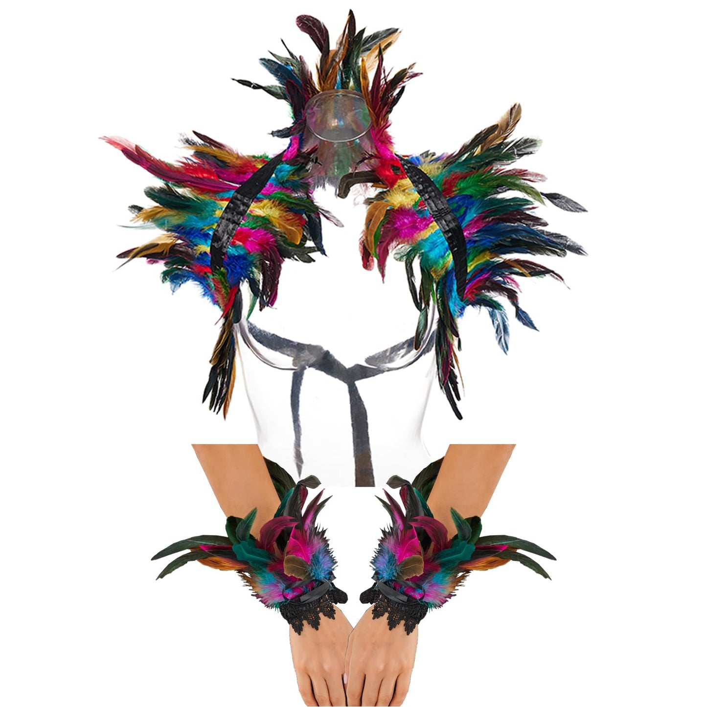 Niceyoeuk Women Natural Feather Cape with Wrist Cuffs Wristband Maleficent Costume Gothic Lacing Shawl Shrug Collar Feather Cape for Halloween Cosplay Christmas Party (Colorful 01)