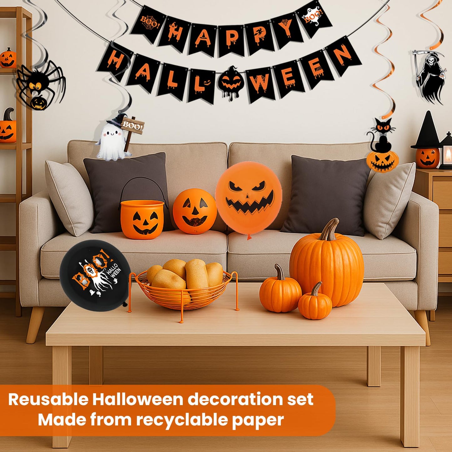 Xyxu Halloween Decorations Indoor Set - Reusable Happy Halloween Decor & Trick or Treat Banners, Ghosts Pumpkin Bat Bunting Garland, Spooky Witch, Skeleton, Spider Hanging Swirl for Party Decorations