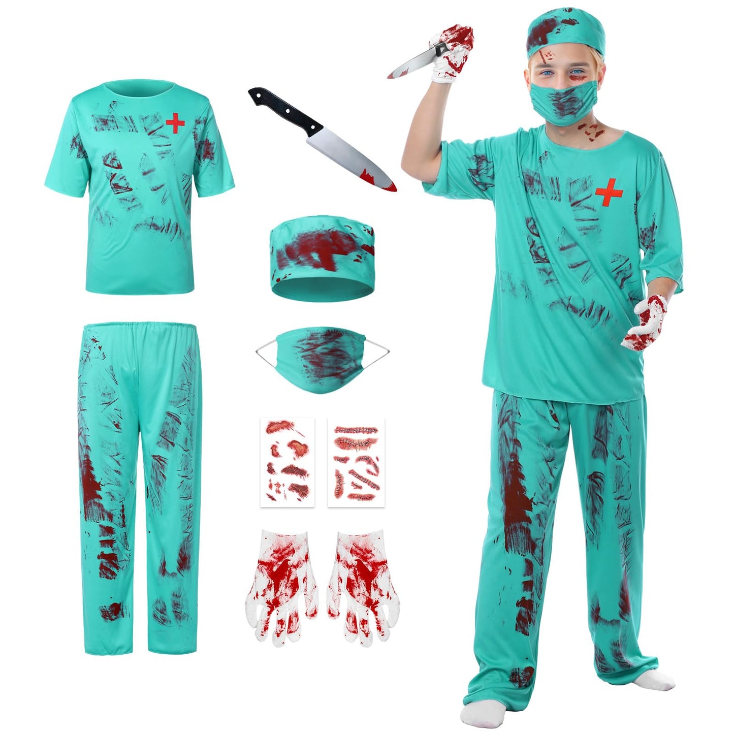 Joyesplay Bloody Surgeon Costume Fancy Dress Costume 7Pcs Set Surgeon Blue Couples Halloween Adult Scrubs Bloody Splatter Horror Halloween for Men