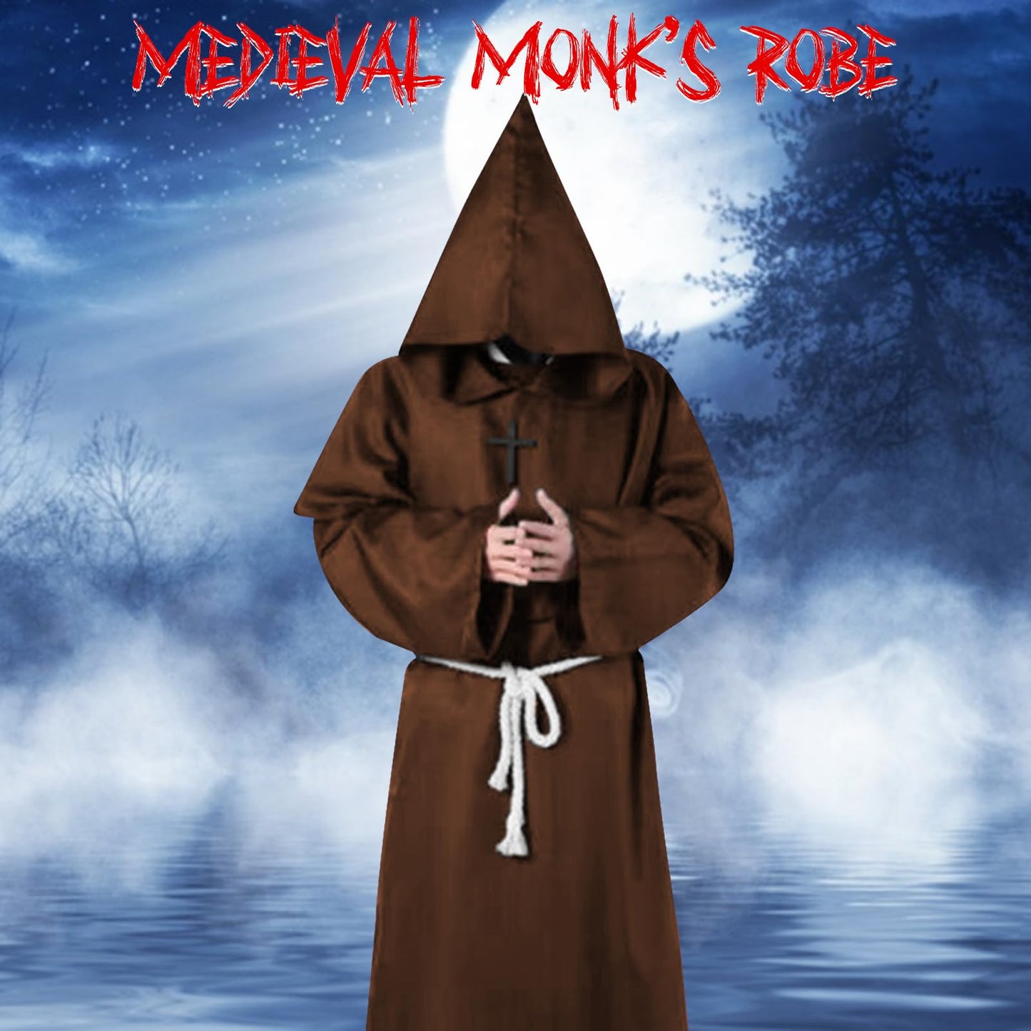 Medieval Renaissance Robes Hooded Monk Cloak with Hood Costume and Cord Burgundy Men's Priester Fancy Dress Outfits with Cross for Theme Party Halloween Cosplay Carnival For Adults (Brown, S)
