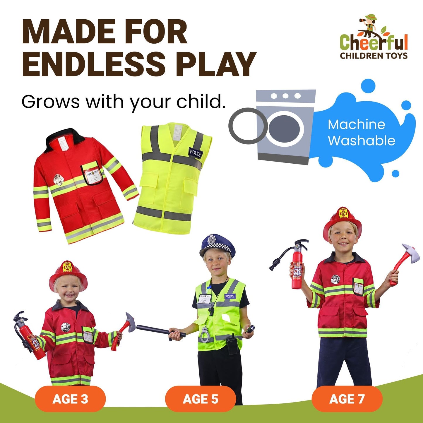 Kids Police and Fireman Costume, Dress Up Set with Fire Fighter and Police Costume with Squirting Water Fire Extinguisher & Siren Sound Walkie Talkie, Fancy Dress for Kids & Toddlers Ages 3-7