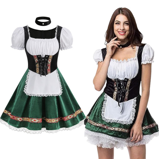 maxToonrain Oktoberfest Outfit Women Puff Sleeve Velvet Bavarian Beer Maid Dress with Foral Embroidery, Lace Trim, Apron & Choker for Halloween, Themed Parties & Beer Festivals (Olive Green, S)