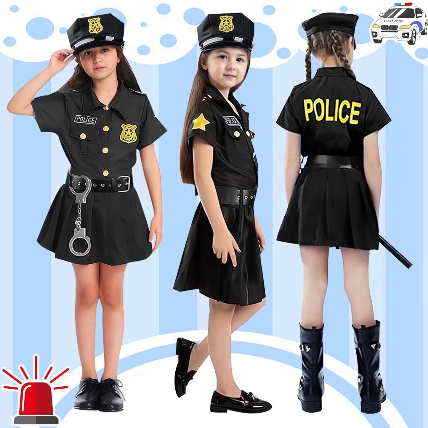 Luckyou Kids Costume Police for Girls Police Uniform Outfit with Accessories Whistle Handcuffs Fancy Dress Up for Carnaval Halloween Cosplay Black-M