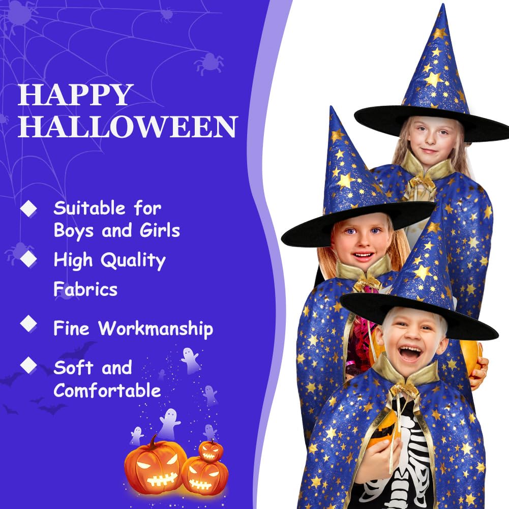 AYBUY Wizard Cape Witch Cloak Kids, Witch Costume Cloak and Hats for Kids, Halloween Costume Props Costume with Golden Stars Pattern for Children, Girls Halloween Party Cosplay Costumes (Blue)
