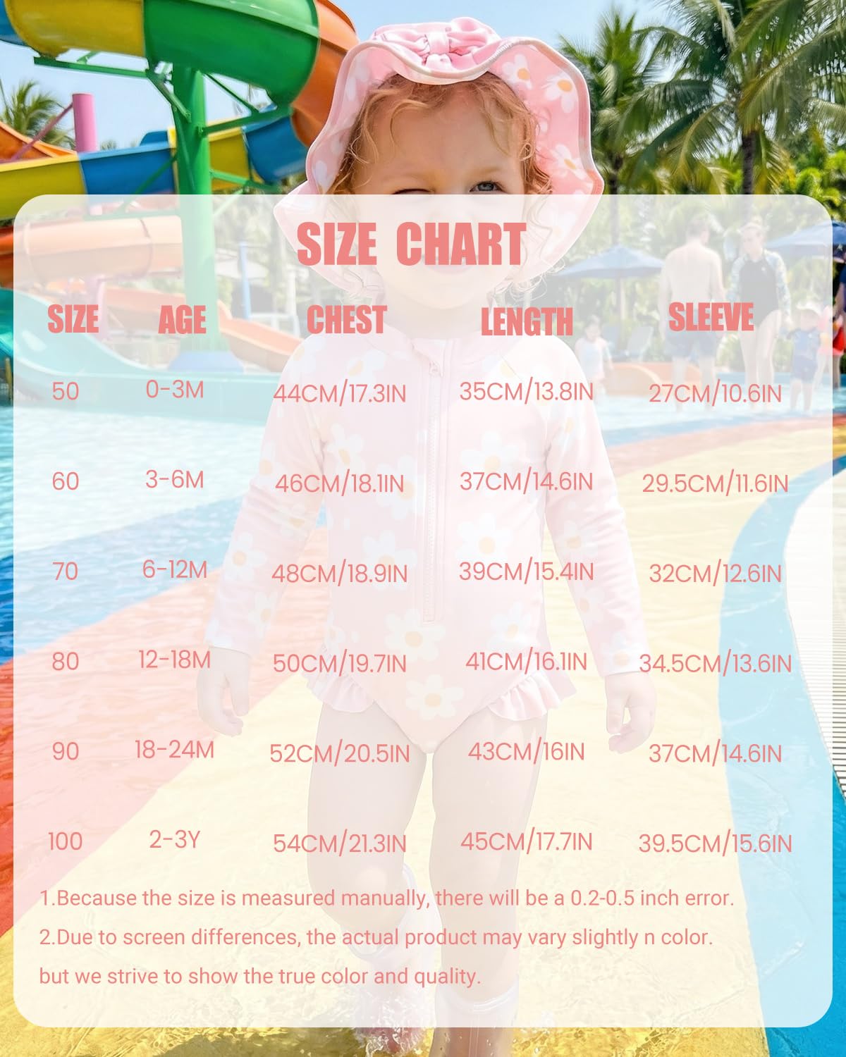 Baby Swimsuit Girl 3-Piece Set 0M-3T, Long Sleeve Toddler Swimming Costume with Hat & Headband, UPF 50+ Infant Rash Vest Front Zipper & Snaps, Pink Flower 12-18 Months