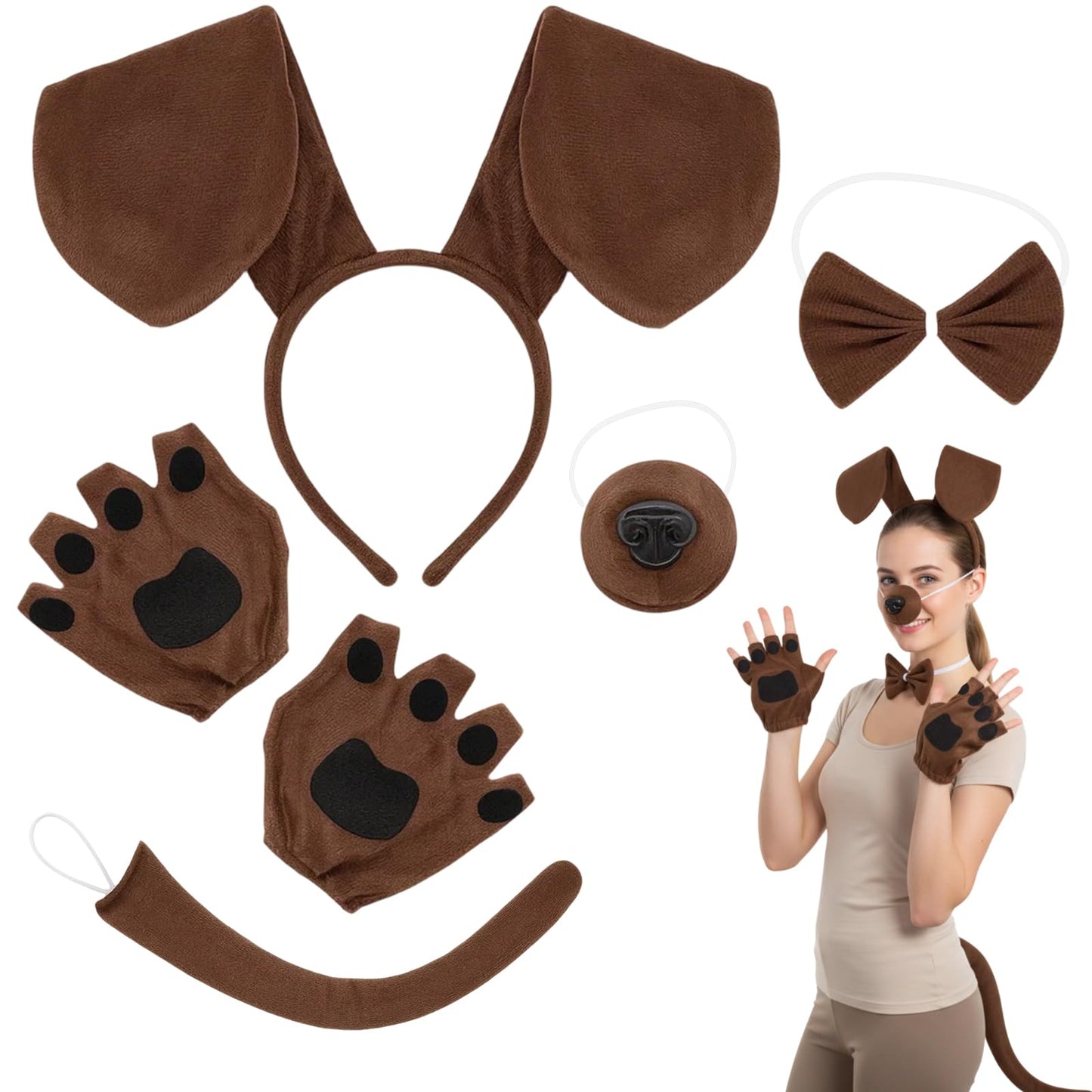 Dog Ears Headband - Five-Piece Dog Costume Set for Adults and Kids