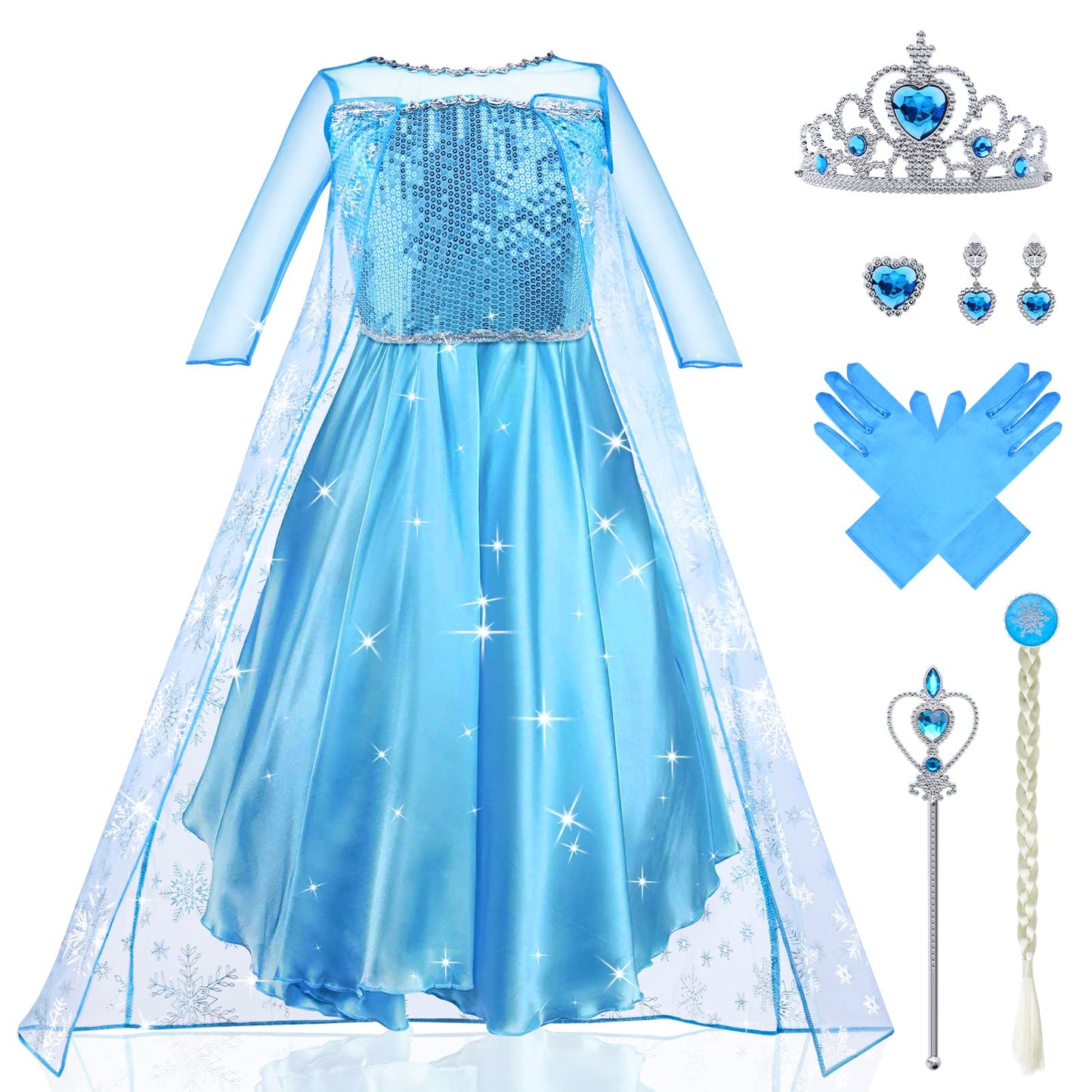 URAQT Princess Costumes for Girls, Snow Queen Princess Dress up, Ice Snow Princess Costume with Fairy Wand and Crown Tiara, Deluxe Girls Fancy Dress for Party Cosplay Bridesmaid Pageant(130)