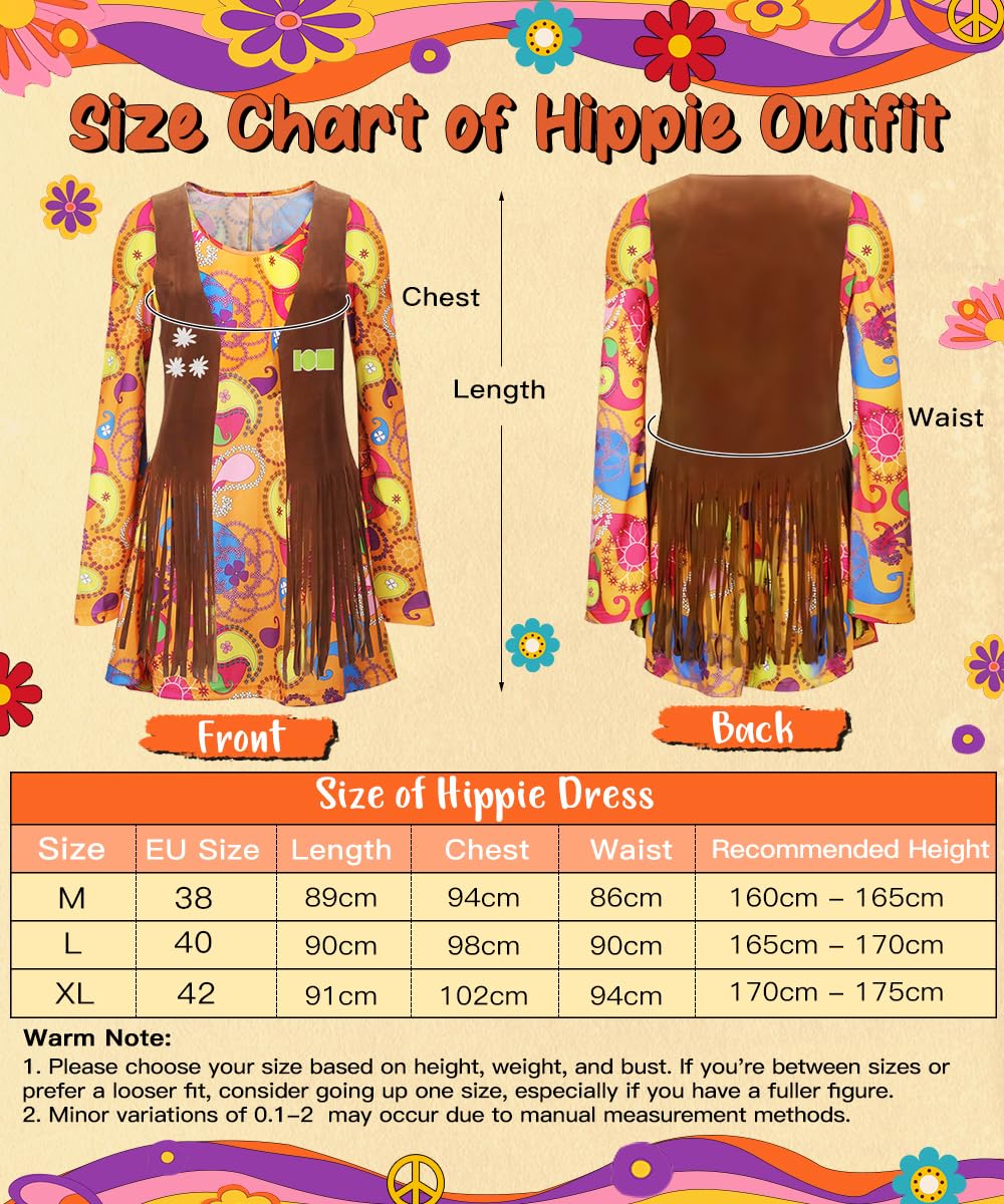 TOLOYE 70s Fancy Dress Women, Hippie Costume Outfit with Fringe Vest Boho Headband Necklace Set, 60s Disco Fancy Dress, 1970s Retro Hippie dress Hippy Clothes for Carnival Cosplay Party (L)